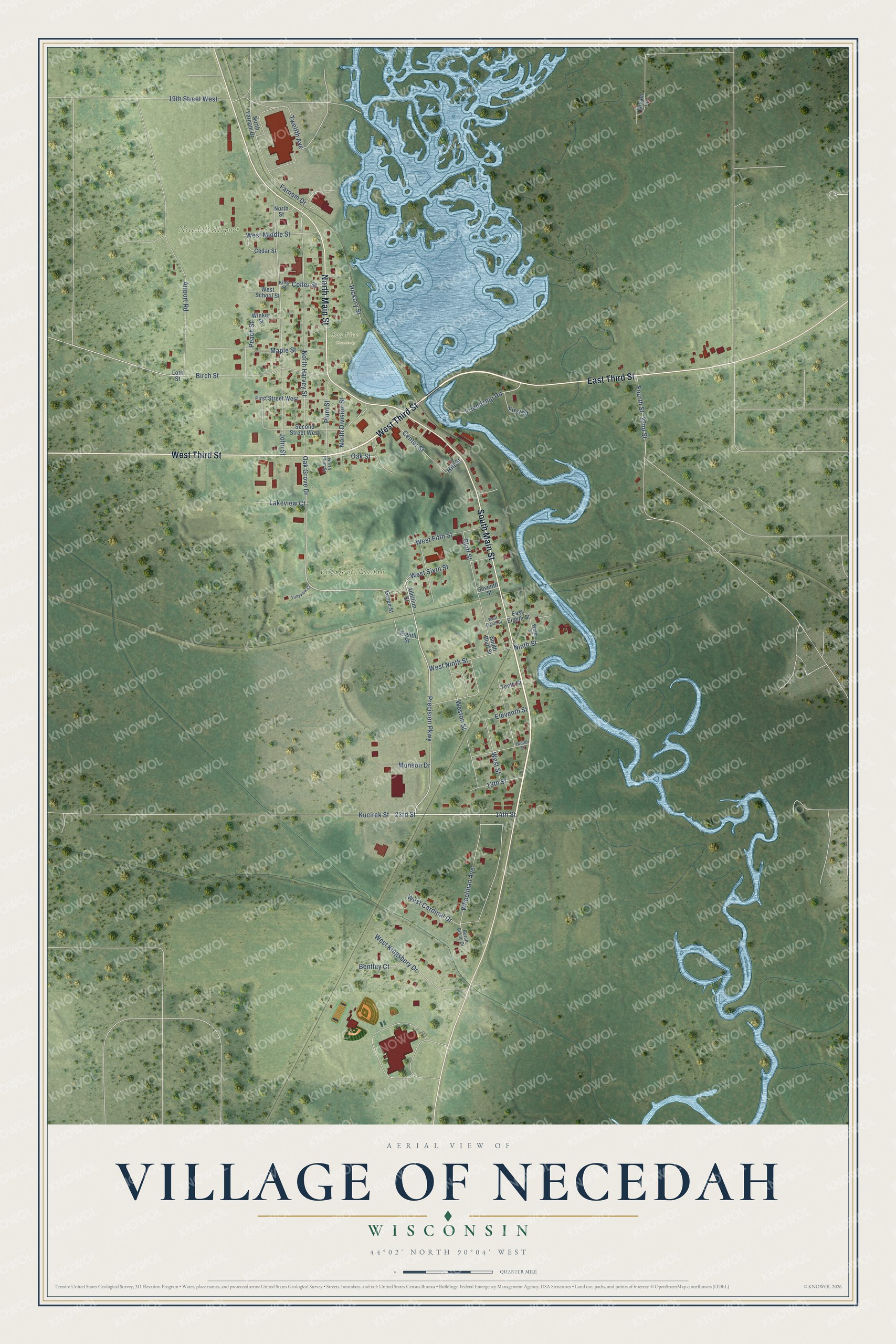 Full map of Necedah, Wisconsin, with red buildings, printed street names and the land around them