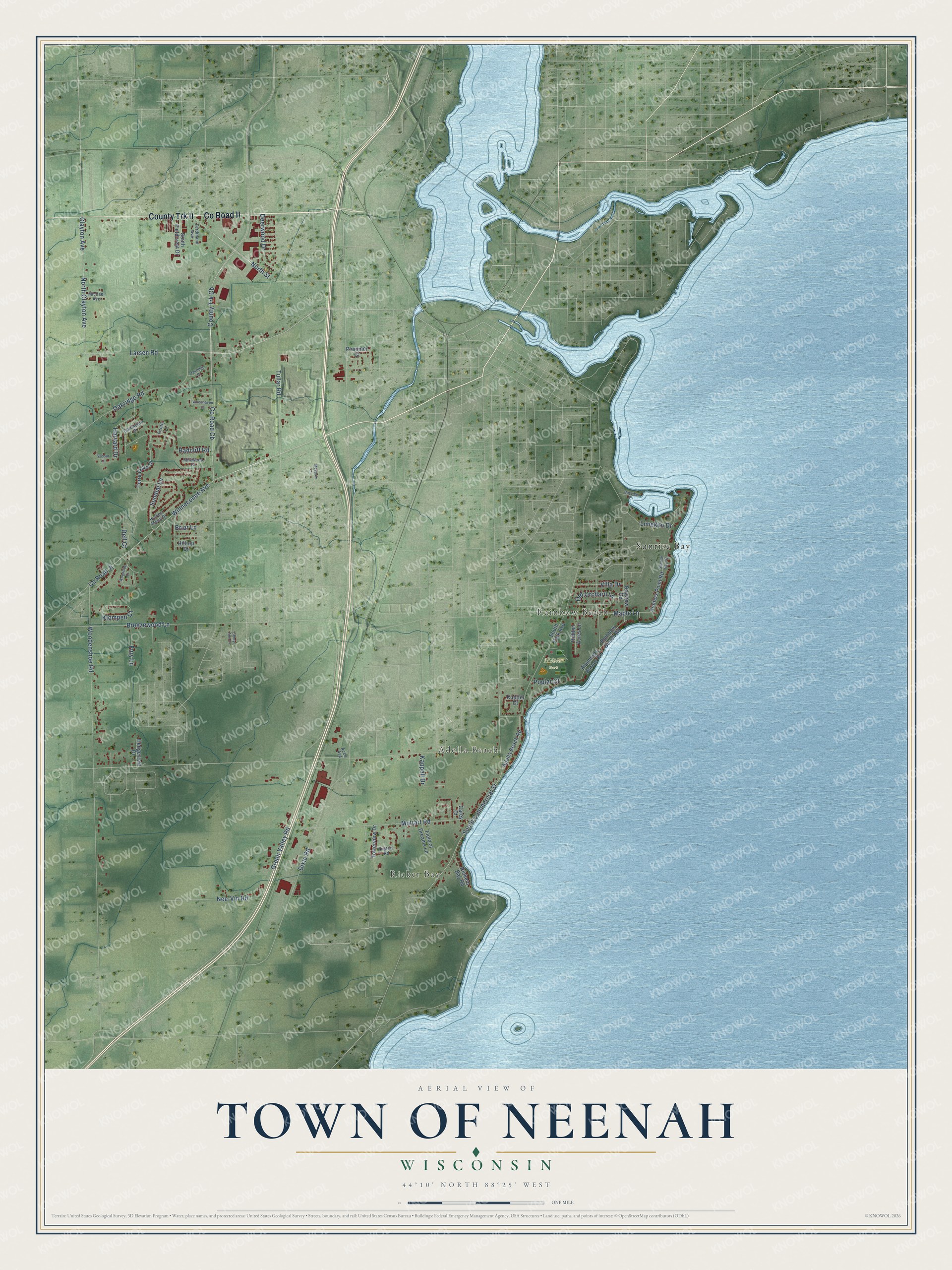 Full map of Neenah, Wisconsin, with red buildings, printed street names and the land around them