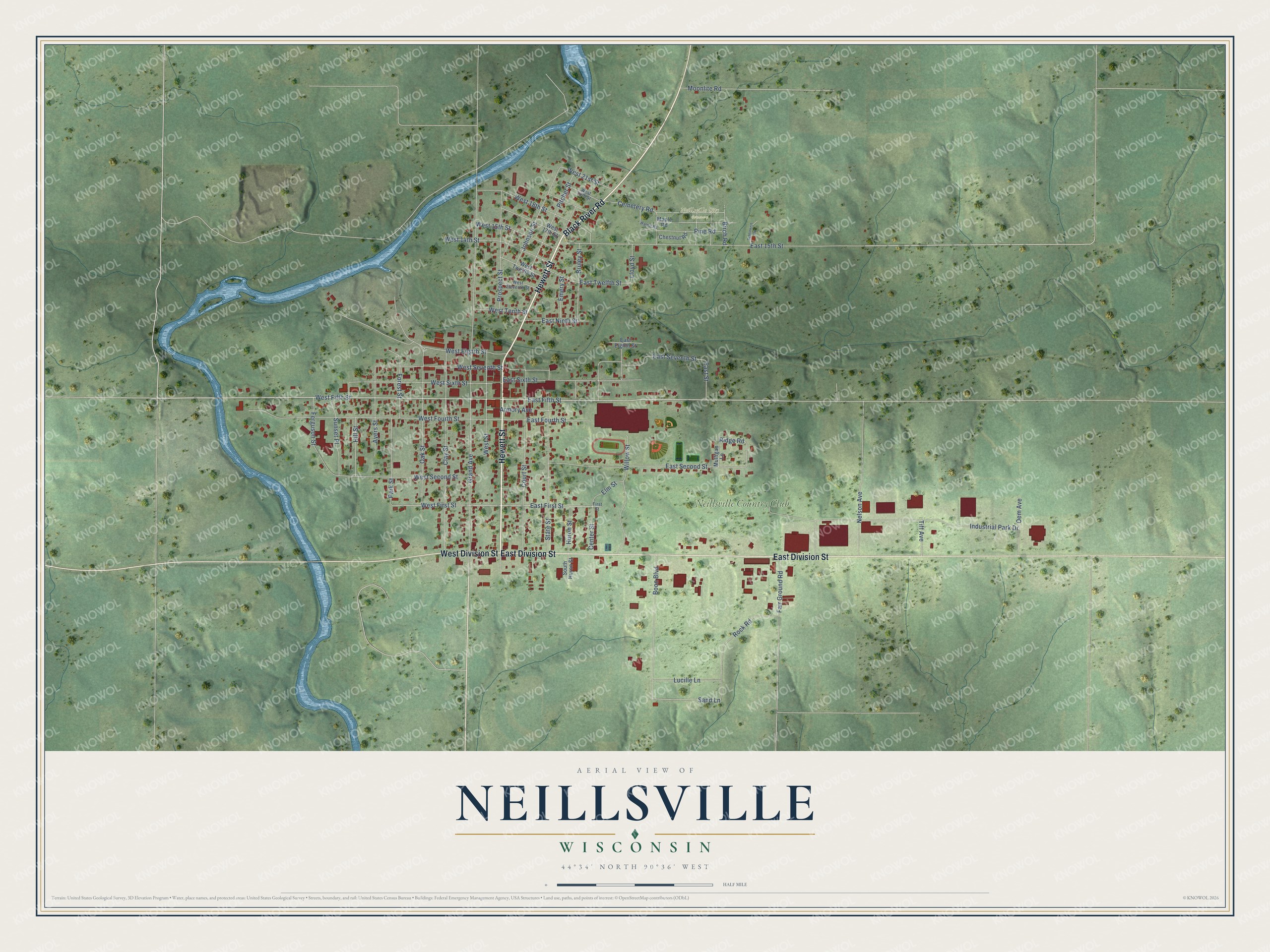 Full map of Neillsville, Wisconsin, with red buildings, printed street names and the land around them
