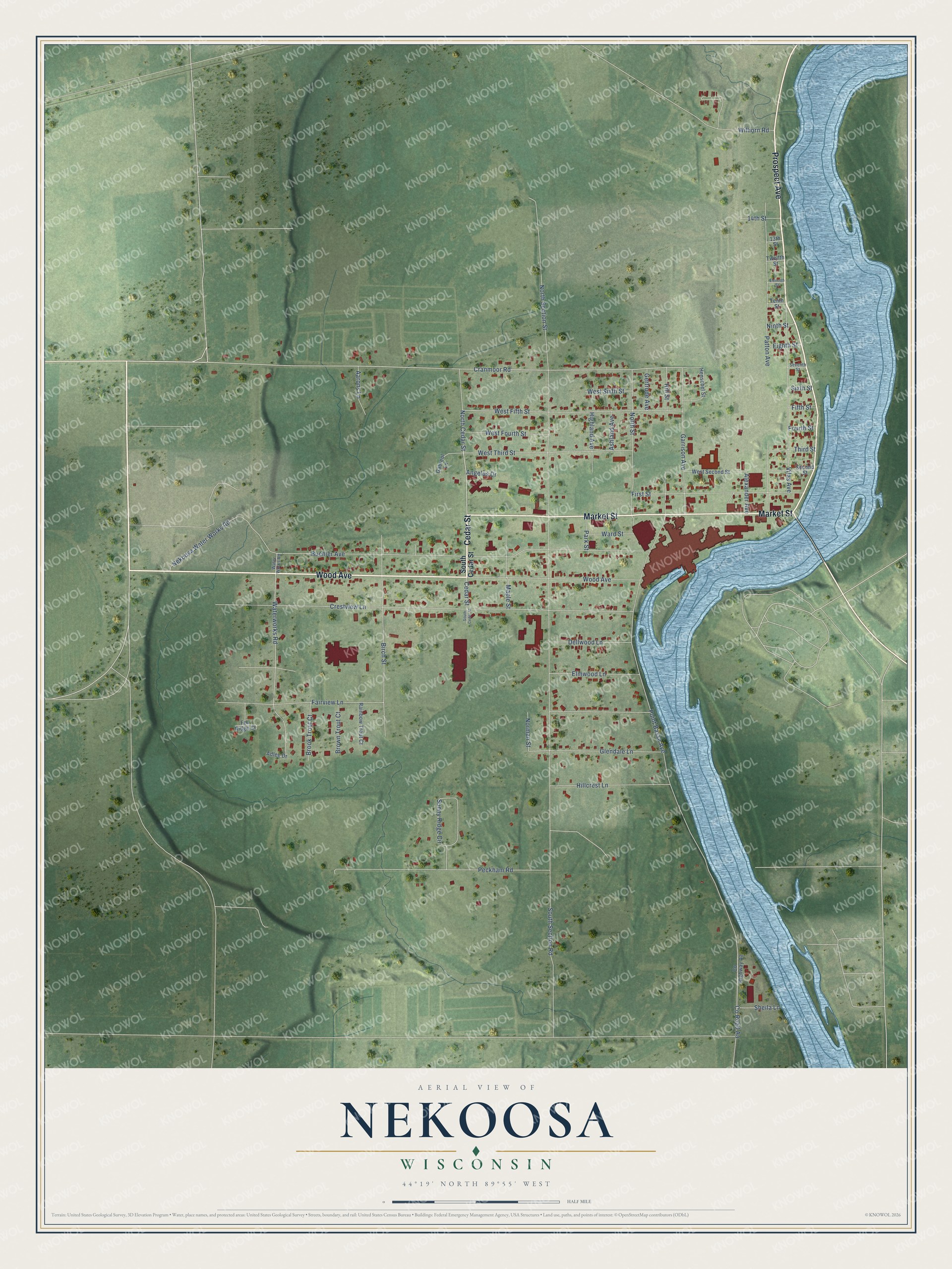 Full map of Nekoosa, Wisconsin, with red buildings, printed street names and the land around them