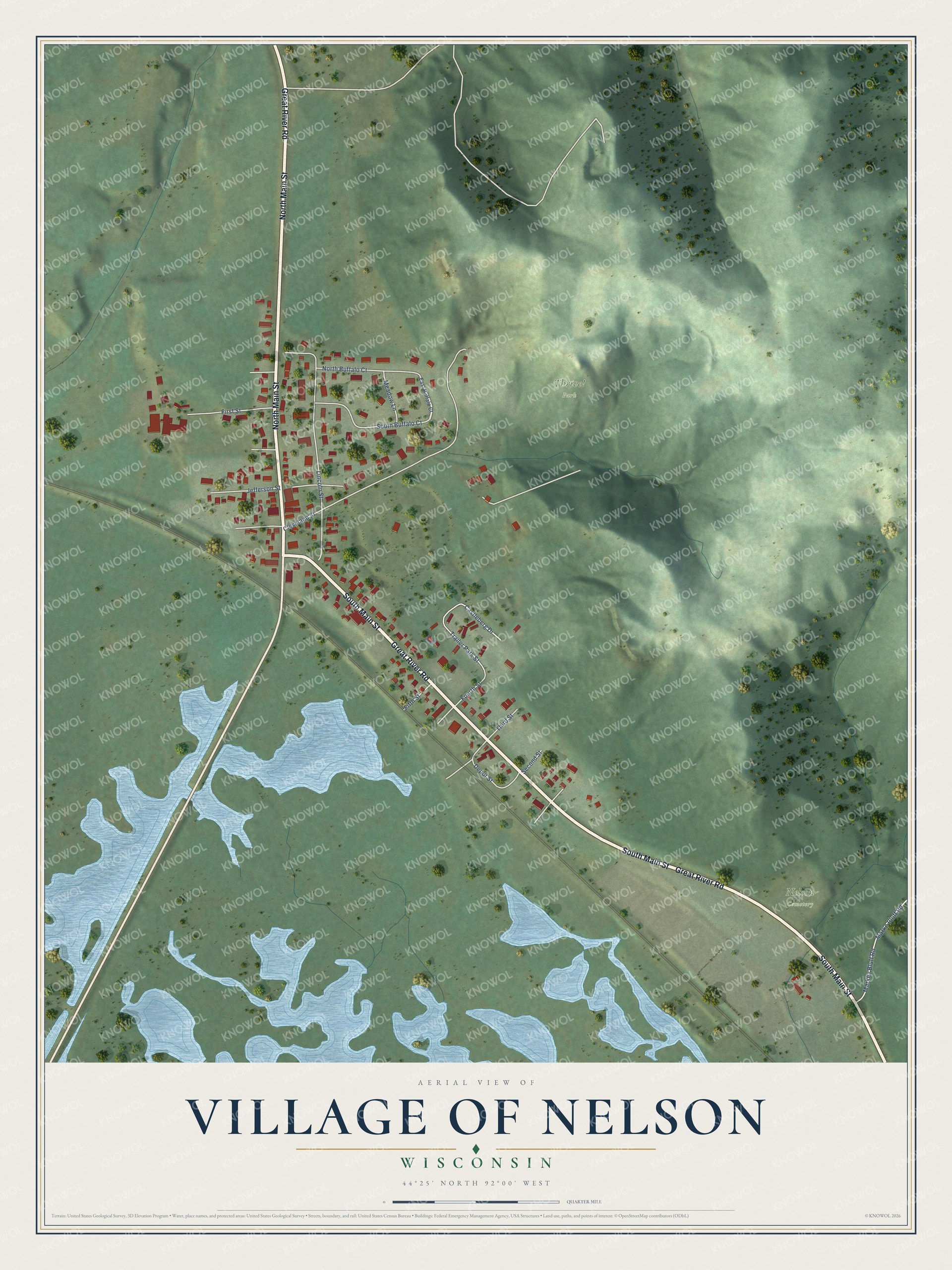 Full map of Nelson, Wisconsin, with red buildings, printed street names and the land around them