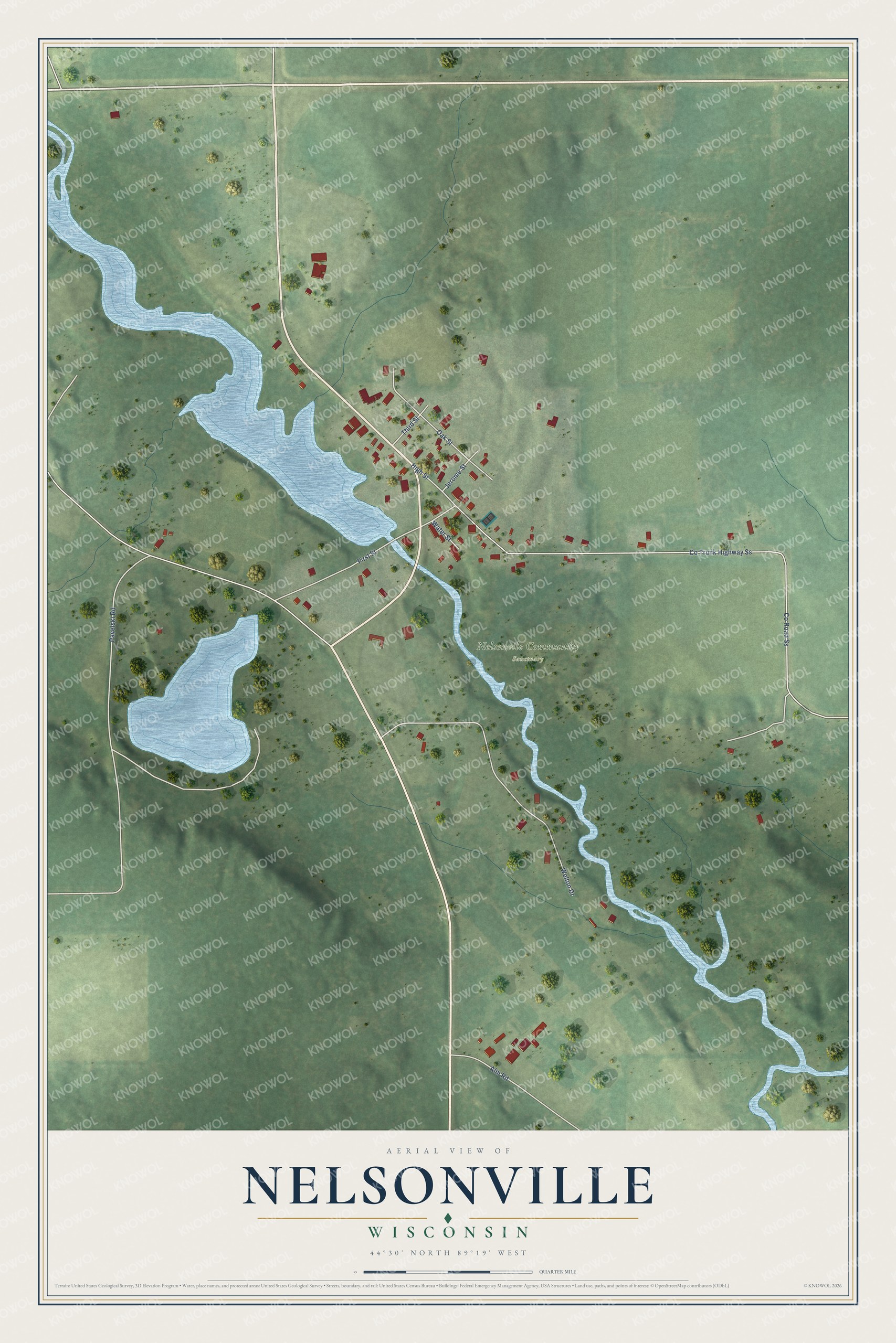 Full map of Nelsonville, Wisconsin, with red buildings, printed street names and the land around them