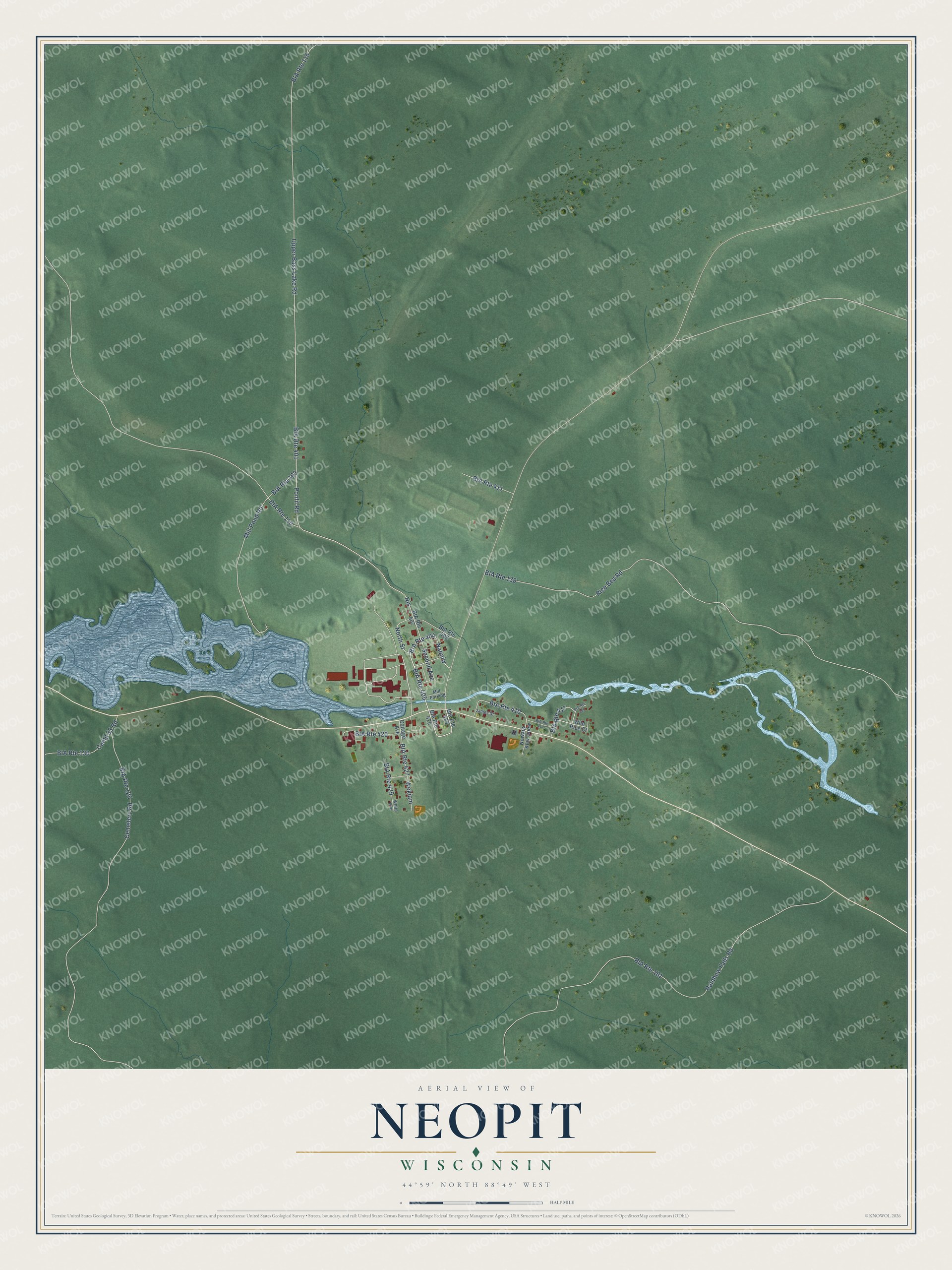 Full map of Neopit, Wisconsin, with red buildings, printed street names and the land around them