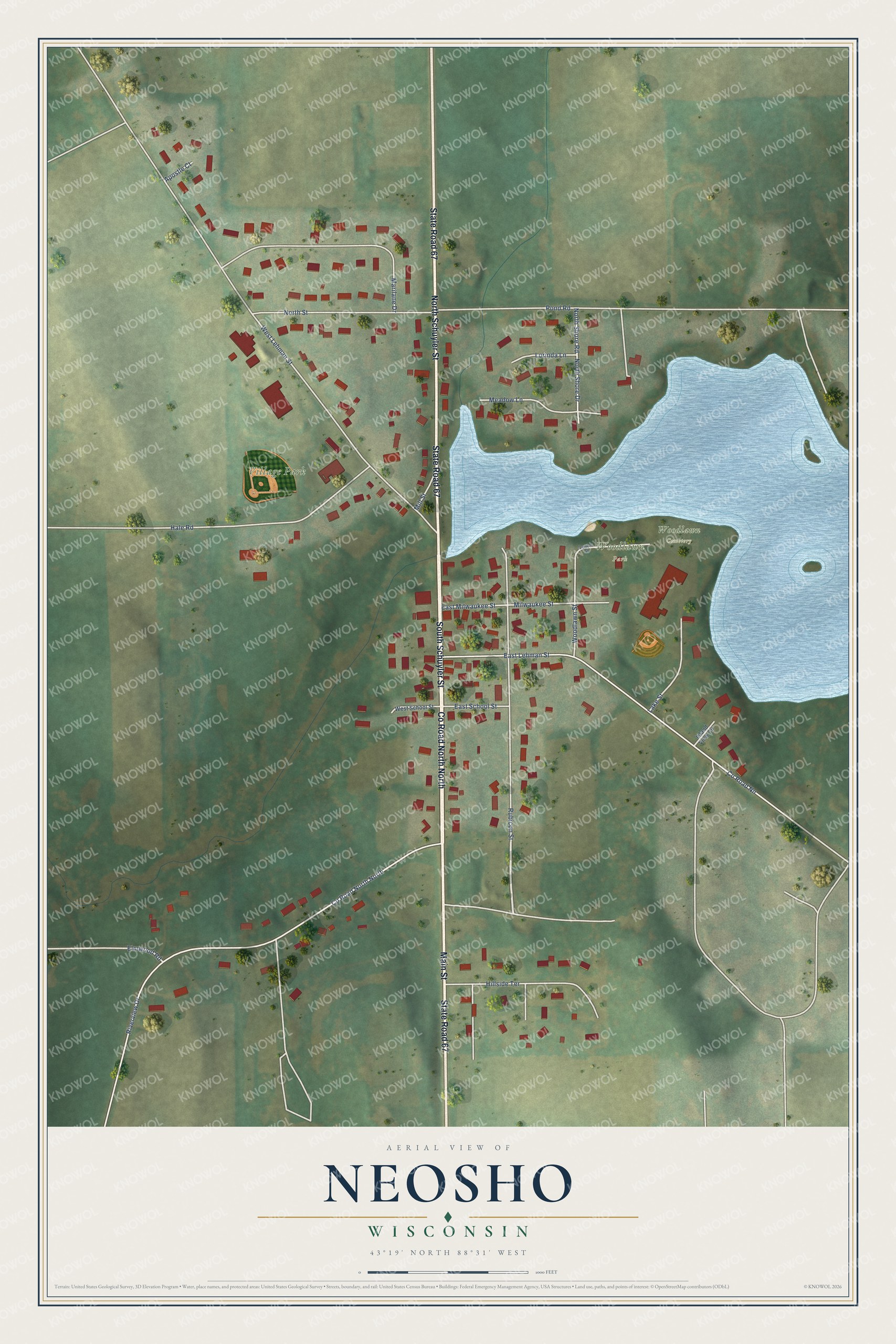 Full map of Neosho, Wisconsin, with red buildings, printed street names and the land around them