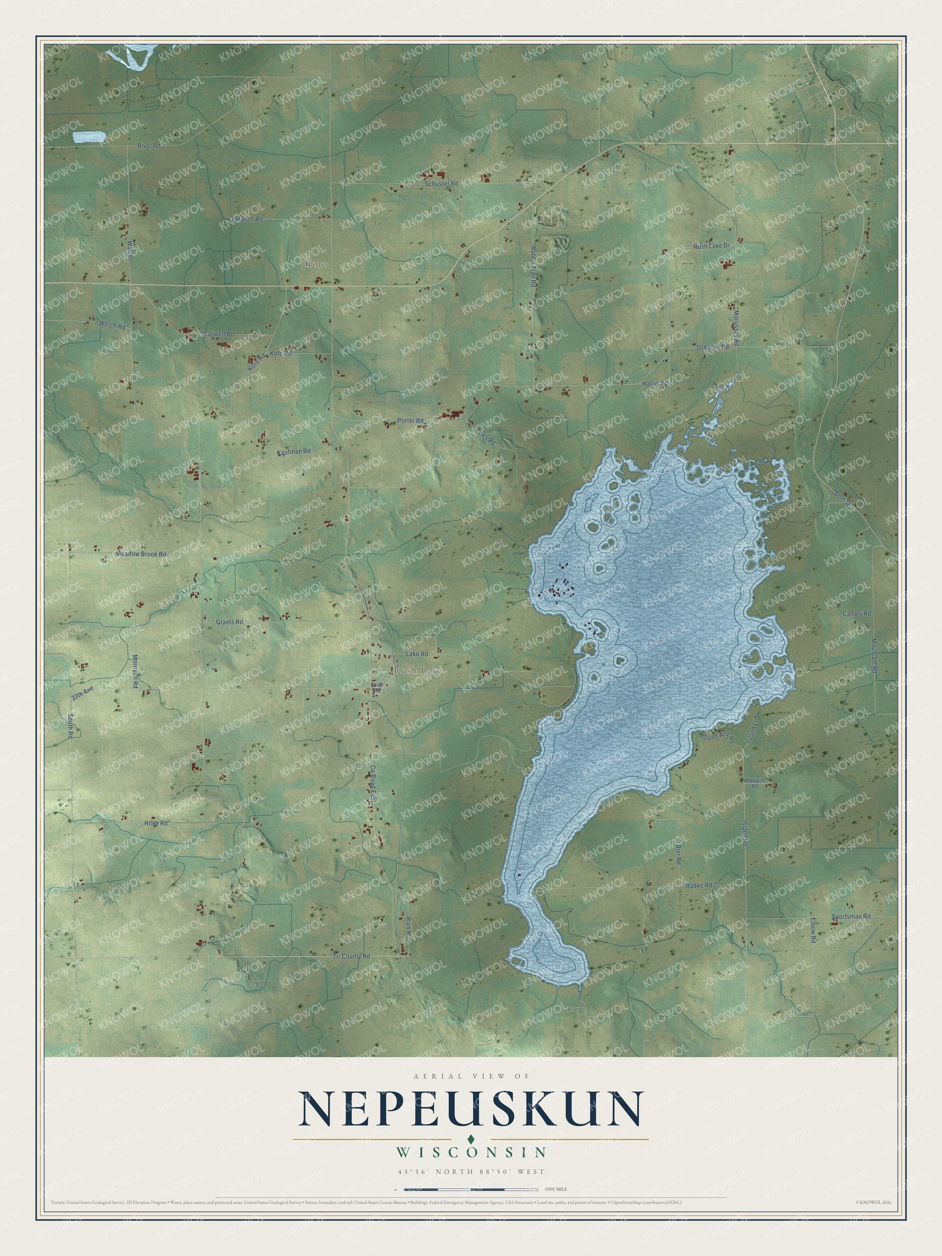 Full map of Nepeuskun, Wisconsin, with red buildings, printed street names and the land around them
