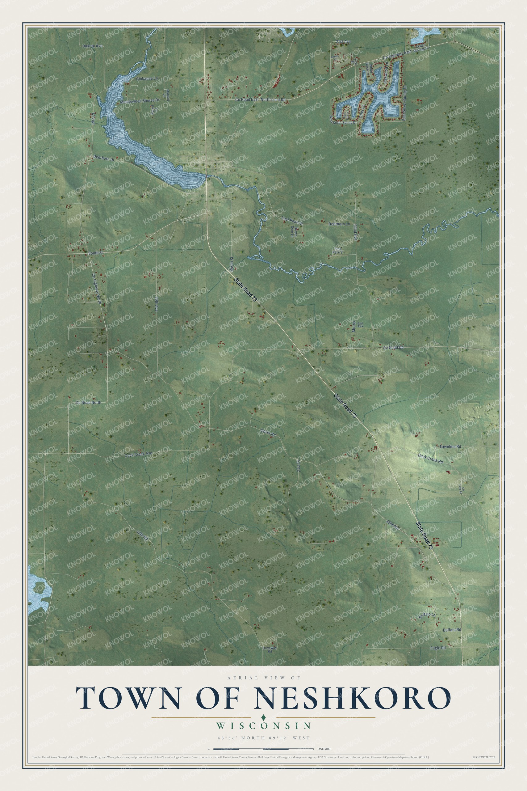 Full map of Neshkoro, Wisconsin, with red buildings, printed street names and the land around them
