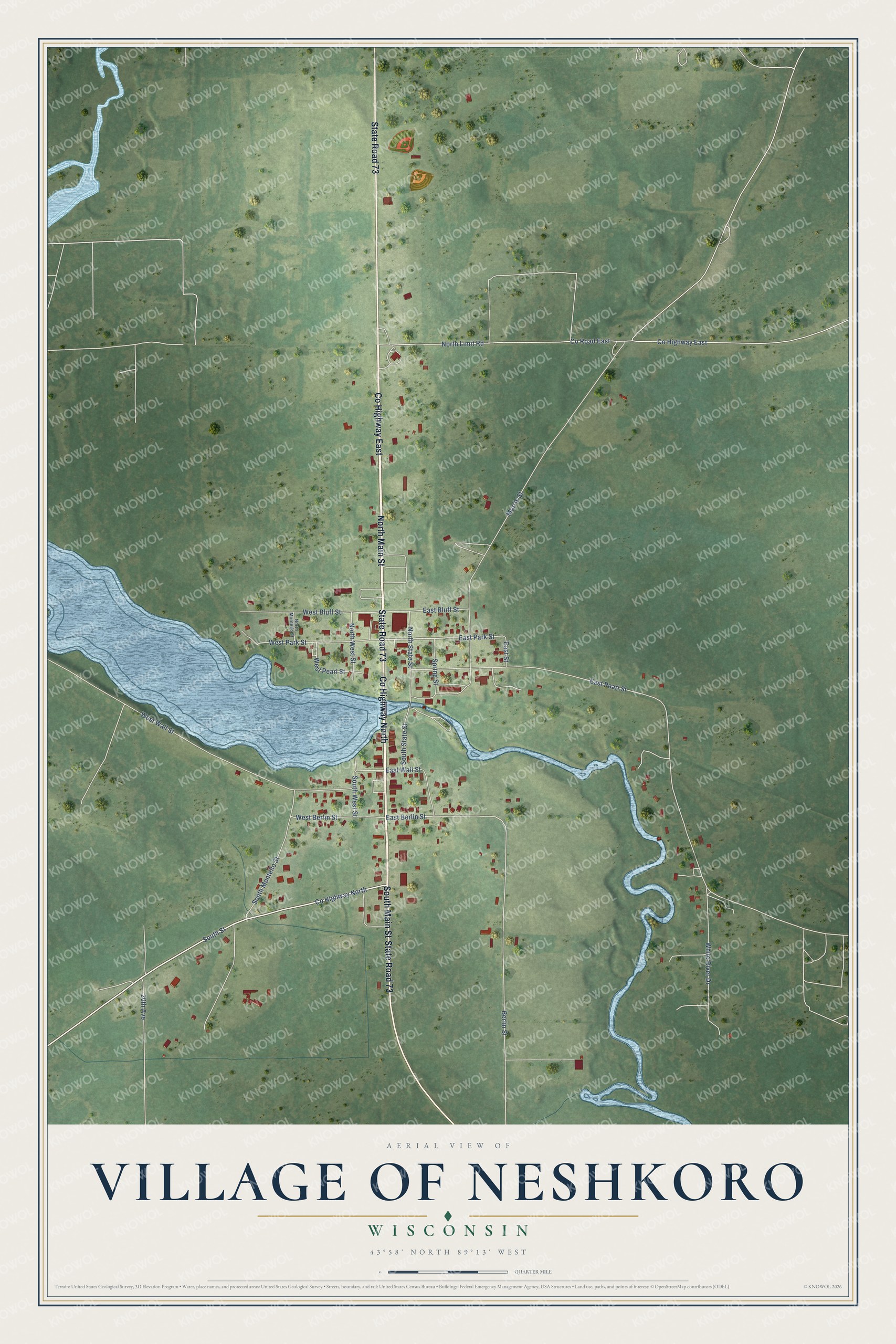 Full map of Neshkoro, Wisconsin, with red buildings, printed street names and the land around them