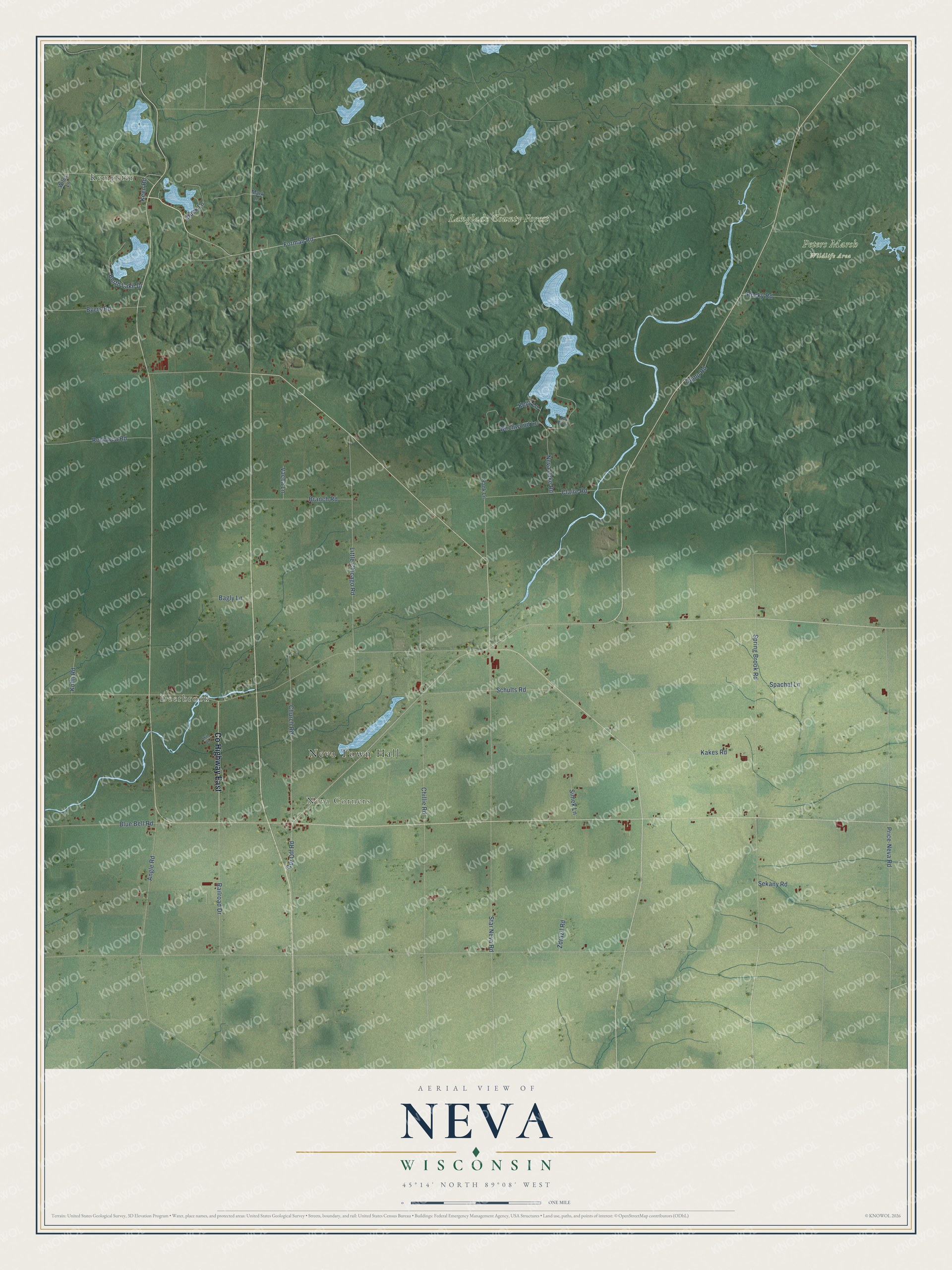 Full map of Neva, Wisconsin, with red buildings, printed street names and the land around them