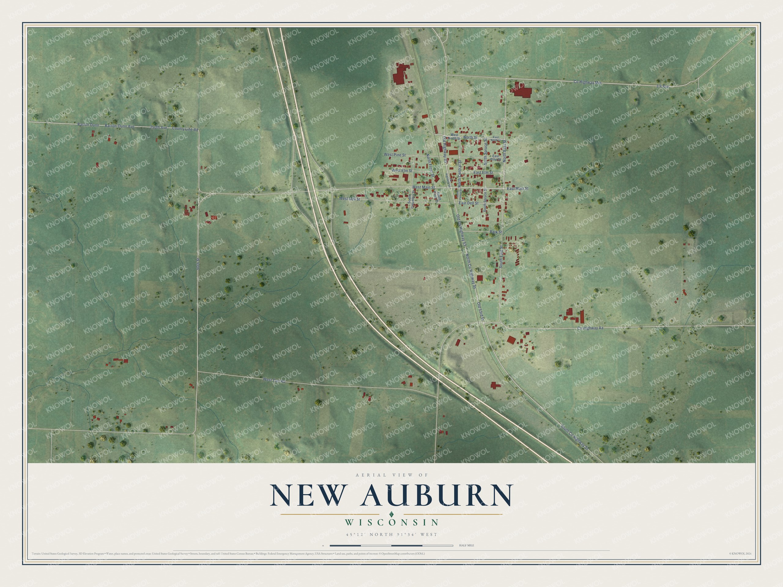 Full map of New Auburn, Wisconsin, with red buildings, printed street names and the land around them