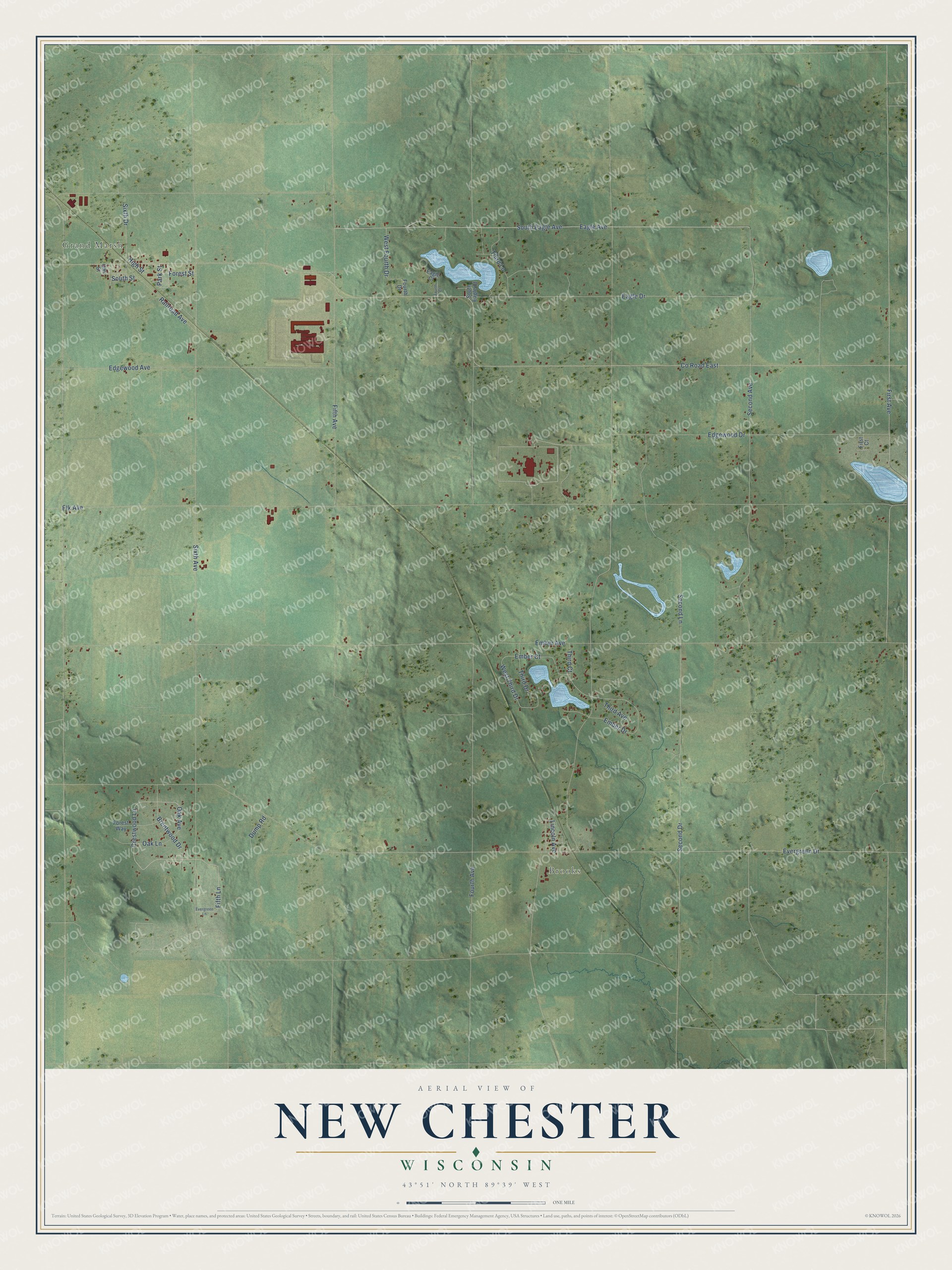 Full map of New Chester, Wisconsin, with red buildings, printed street names and the land around them