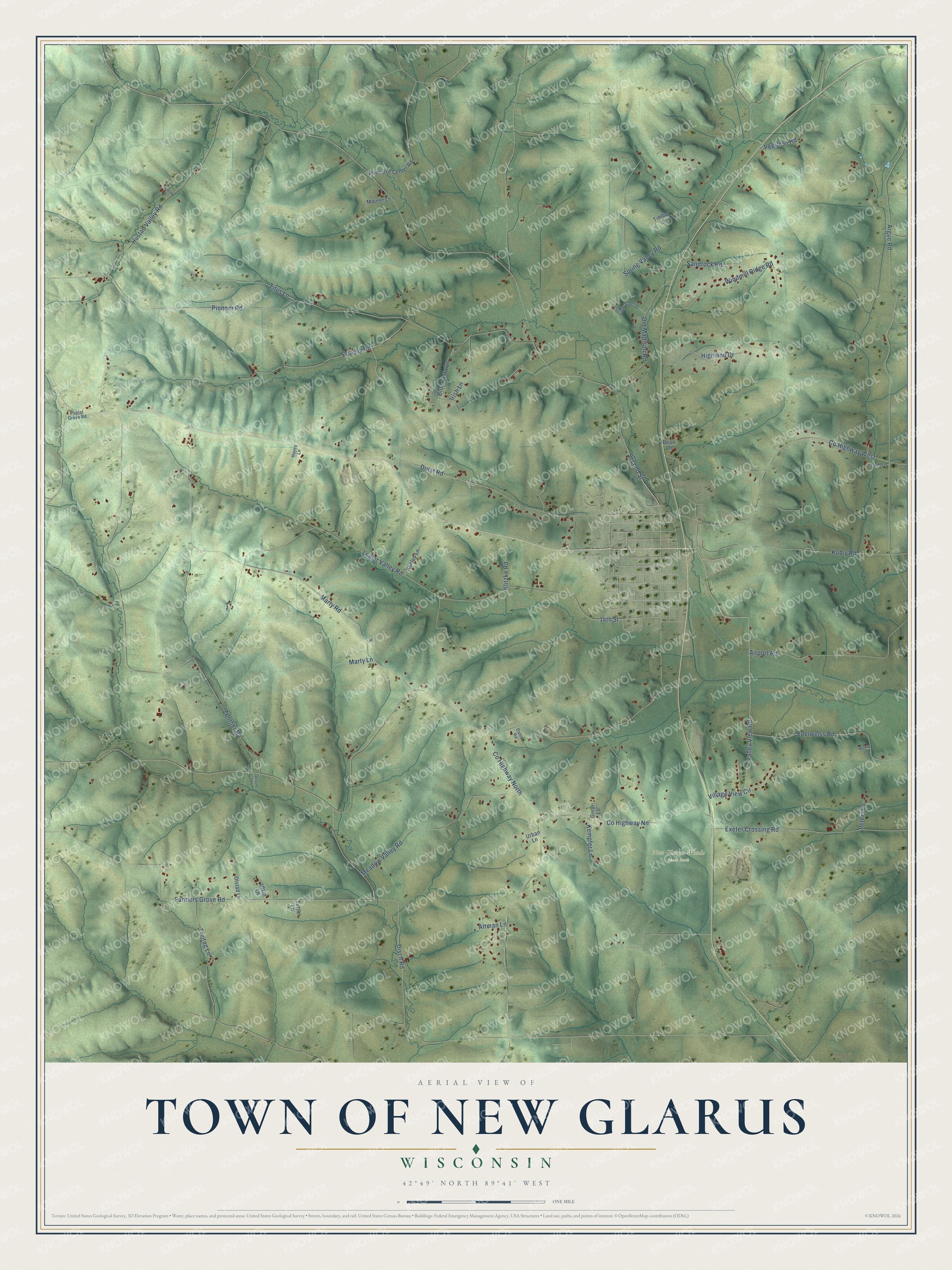 Full map of New Glarus, Wisconsin, with red buildings, printed street names and the land around them