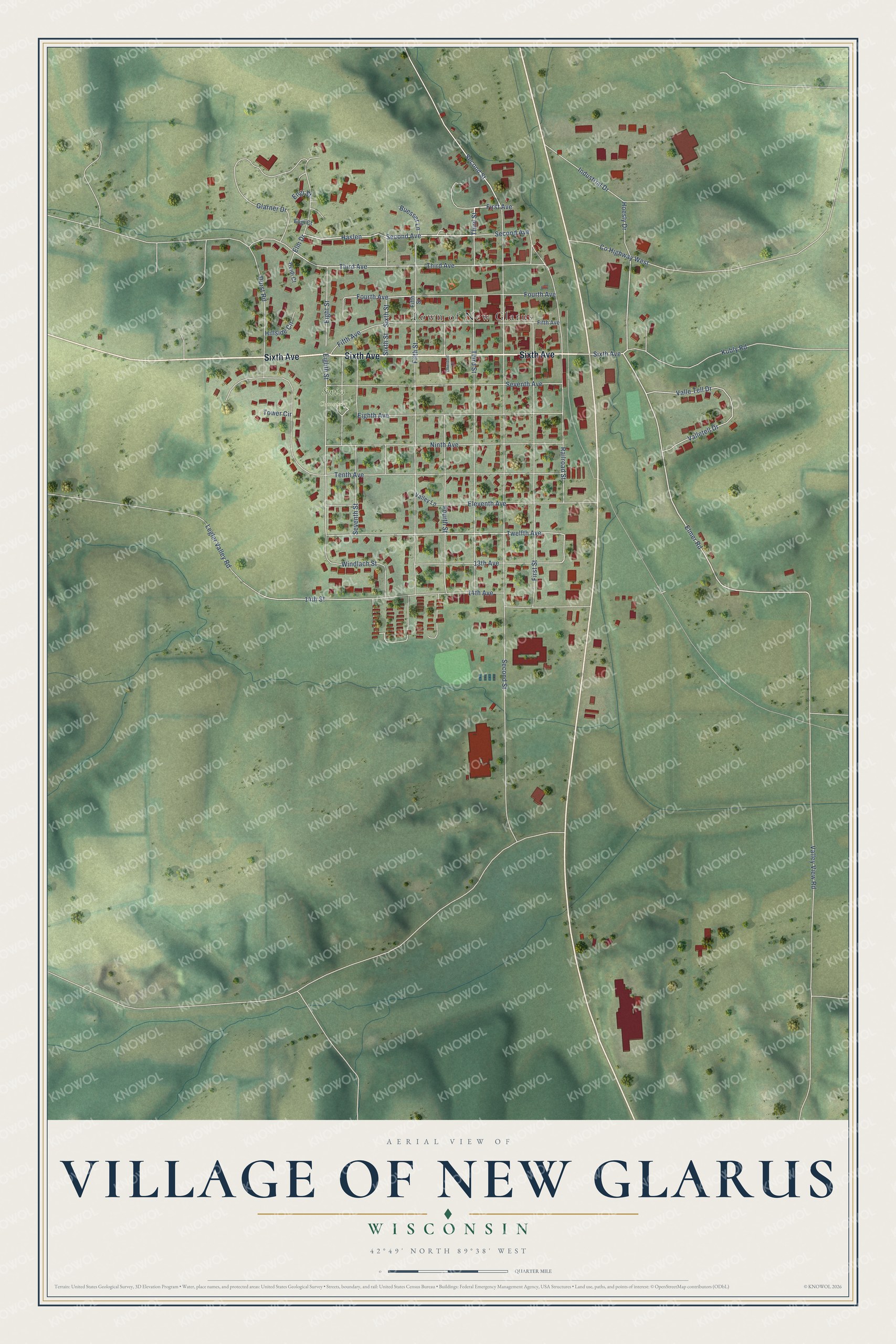 Full map of New Glarus, Wisconsin, with red buildings, printed street names and the land around them