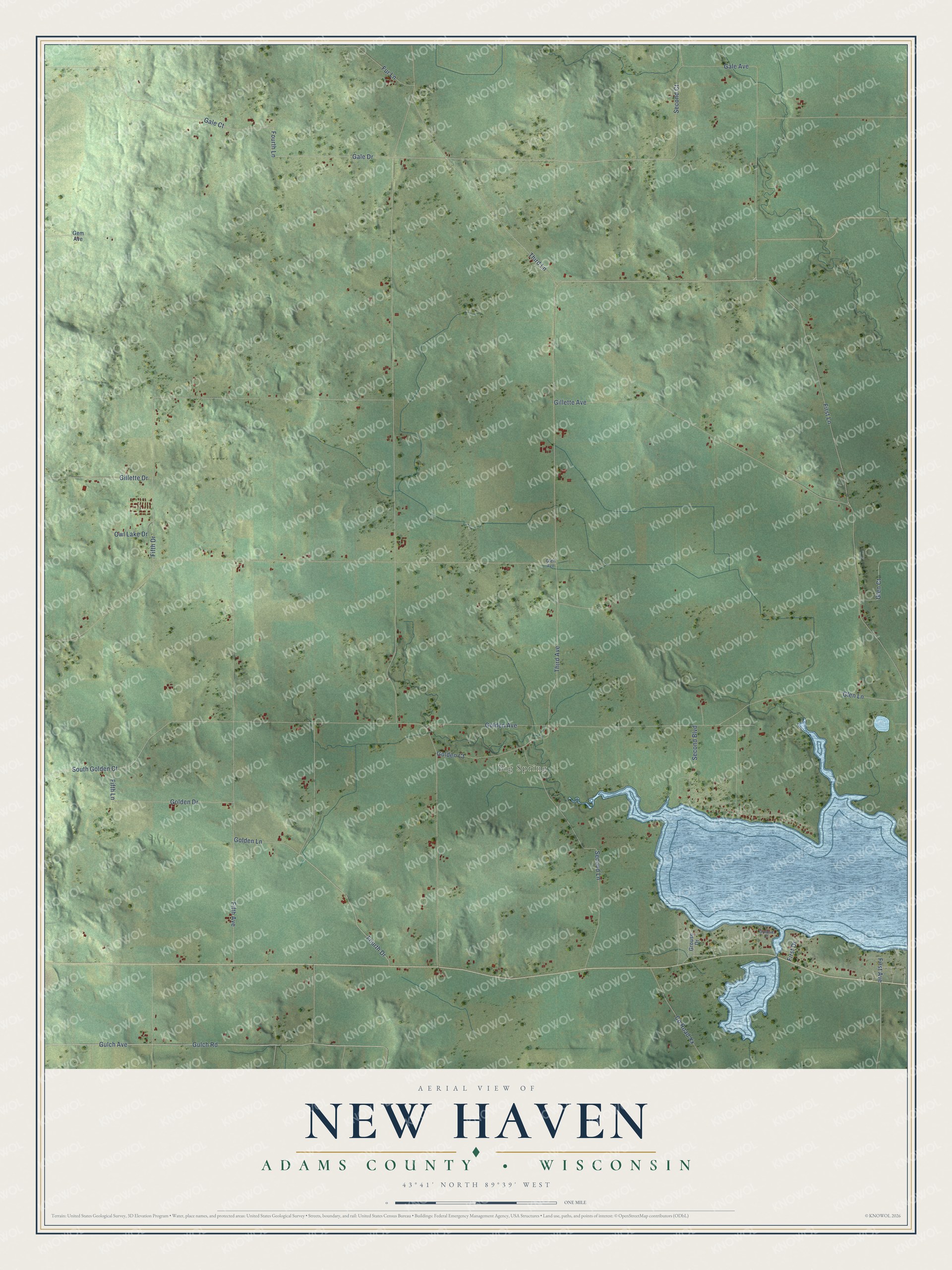Full map of New Haven, Wisconsin, with red buildings, printed street names and the land around them
