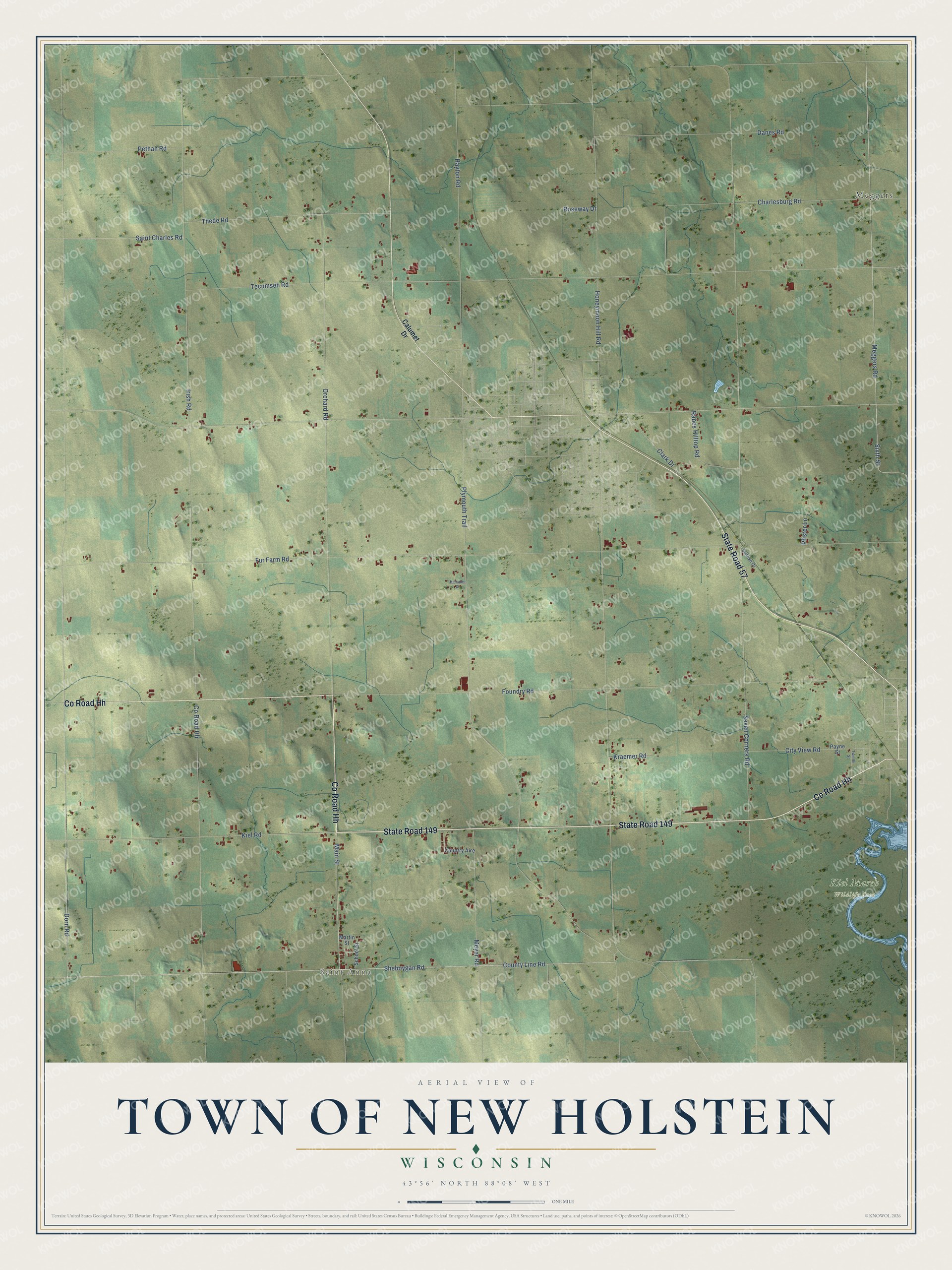 Full map of New Holstein, Wisconsin, with red buildings, printed street names and the land around them