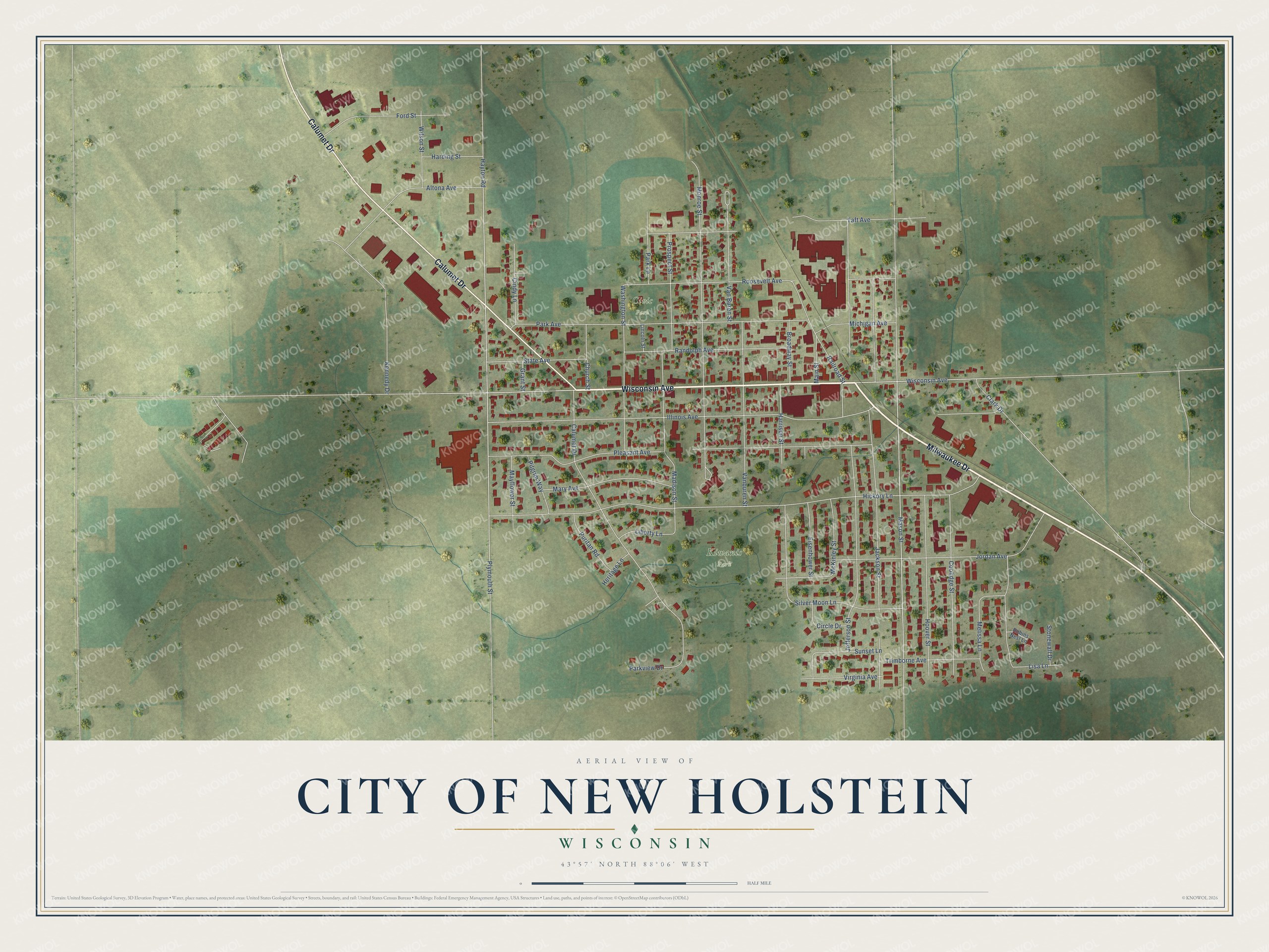 Full map of New Holstein, Wisconsin, with red buildings, printed street names and the land around them