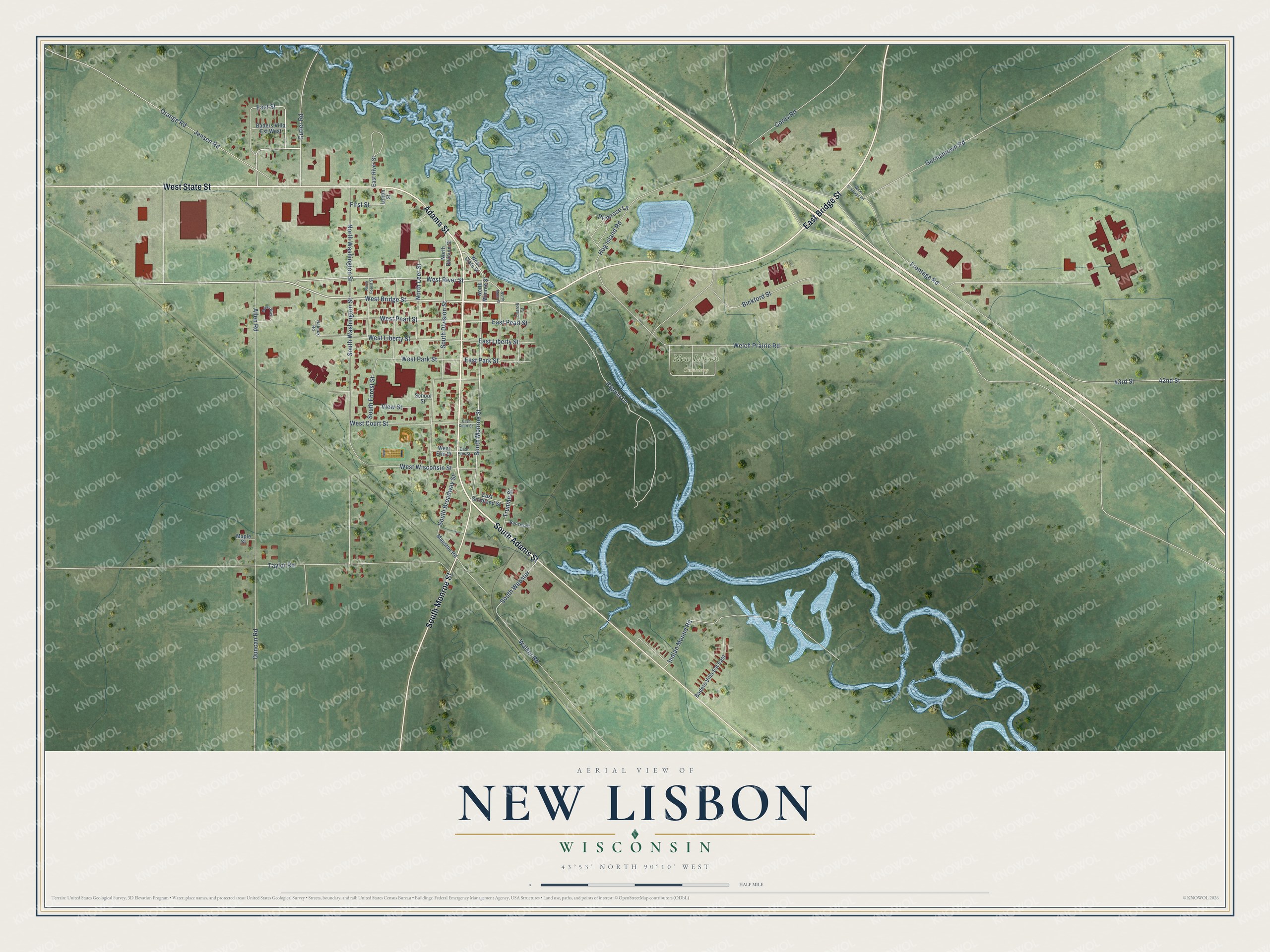 Full map of New Lisbon, Wisconsin, with red buildings, printed street names and the land around them