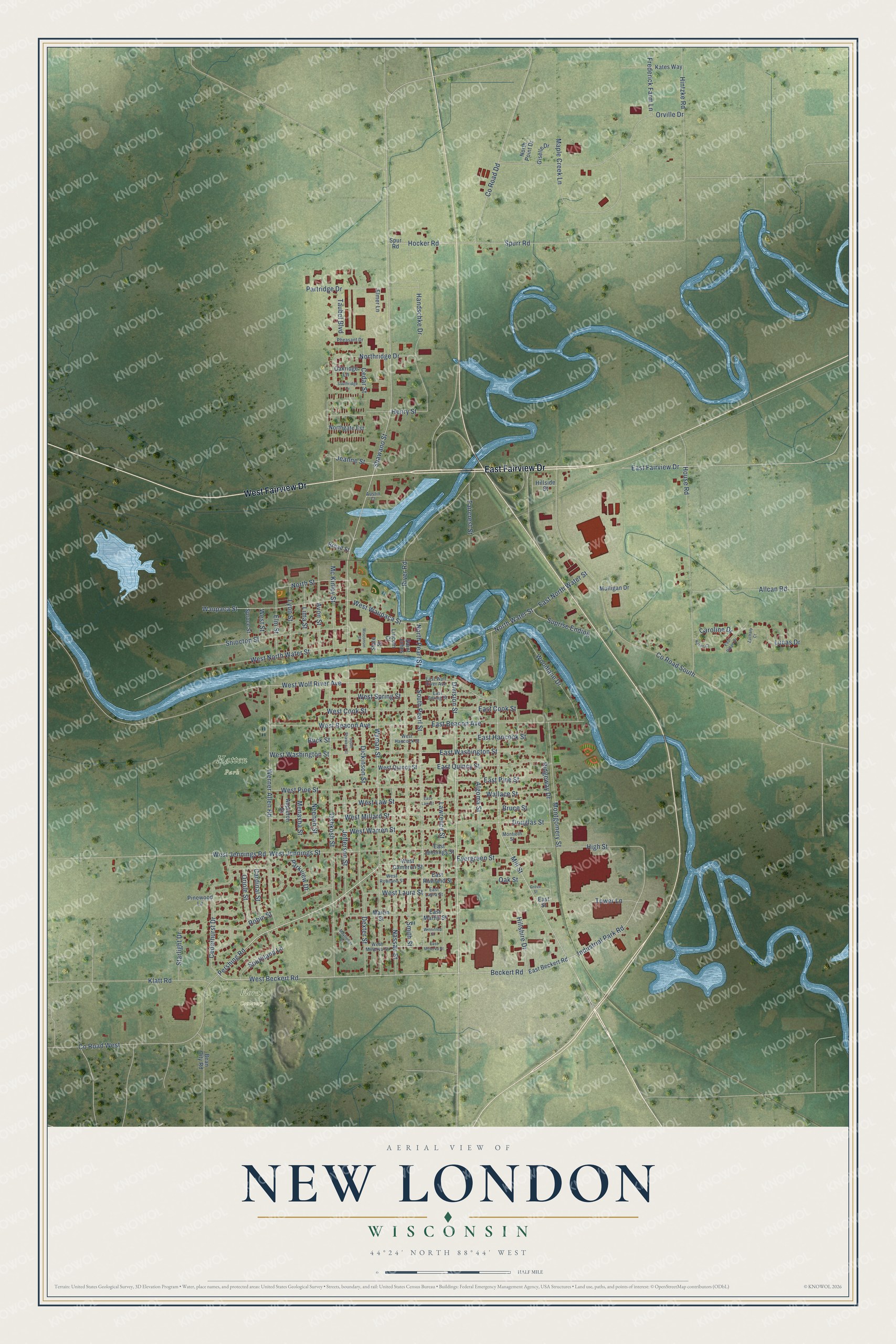 Full map of New London, Wisconsin, with red buildings, printed street names and the land around them