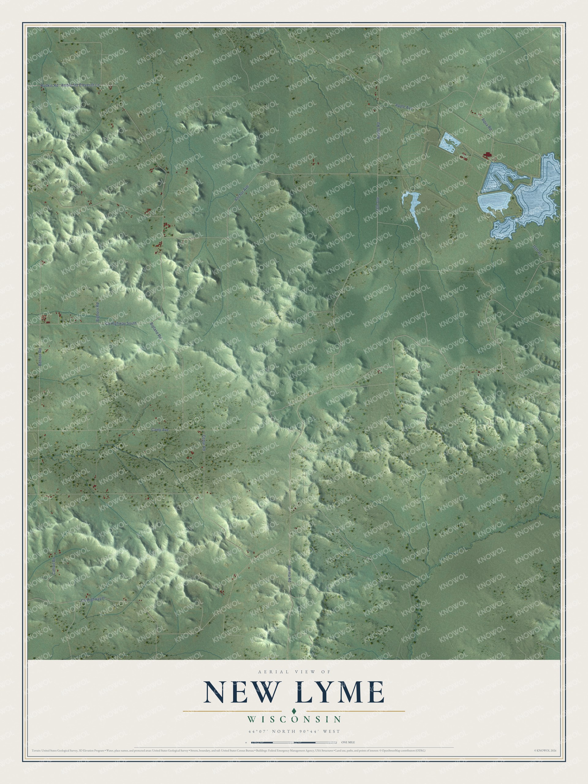 Full map of New Lyme, Wisconsin, with red buildings, printed street names and the land around them