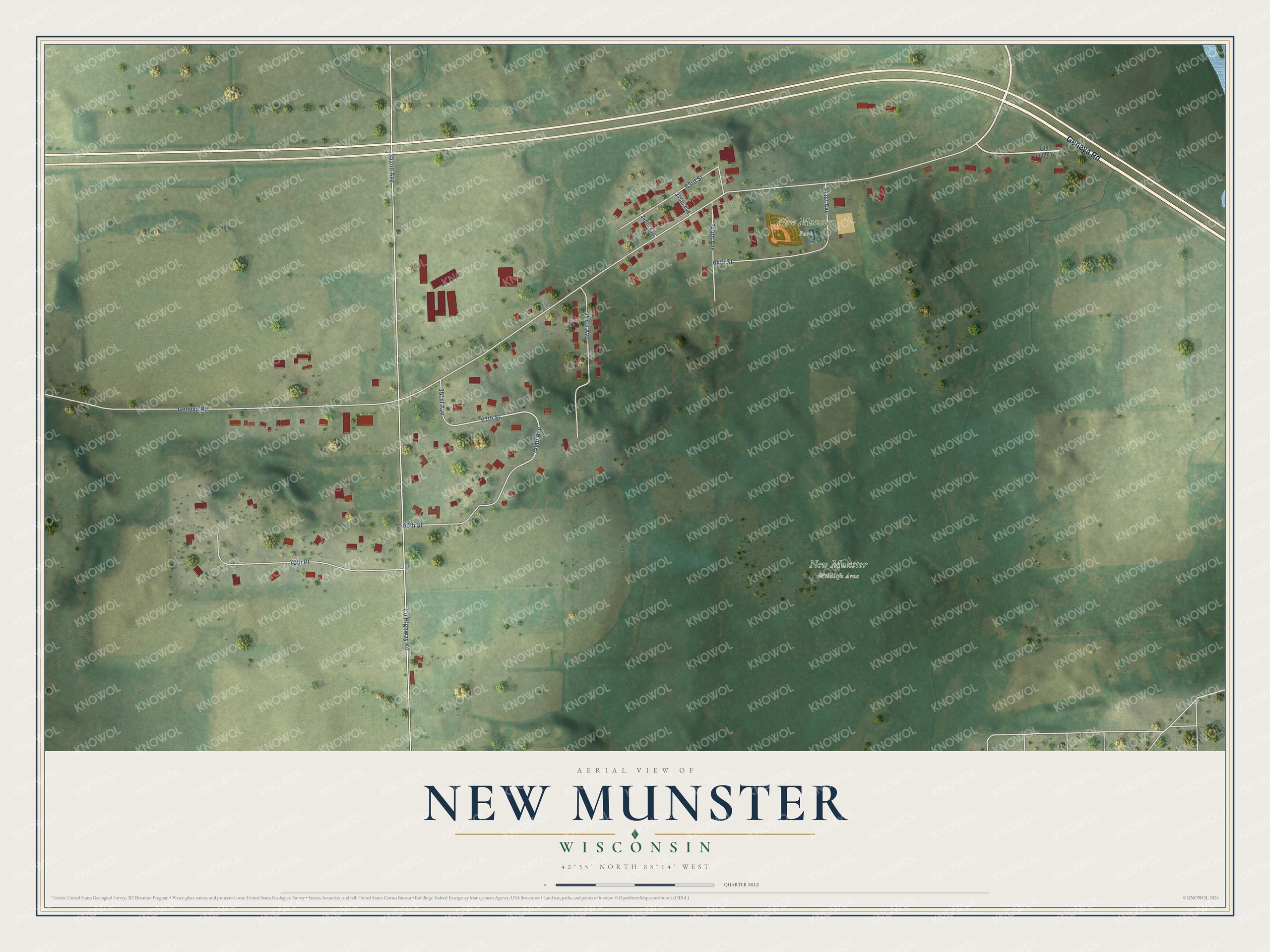 Full map of New Munster, Wisconsin, with red buildings, printed street names and the land around them