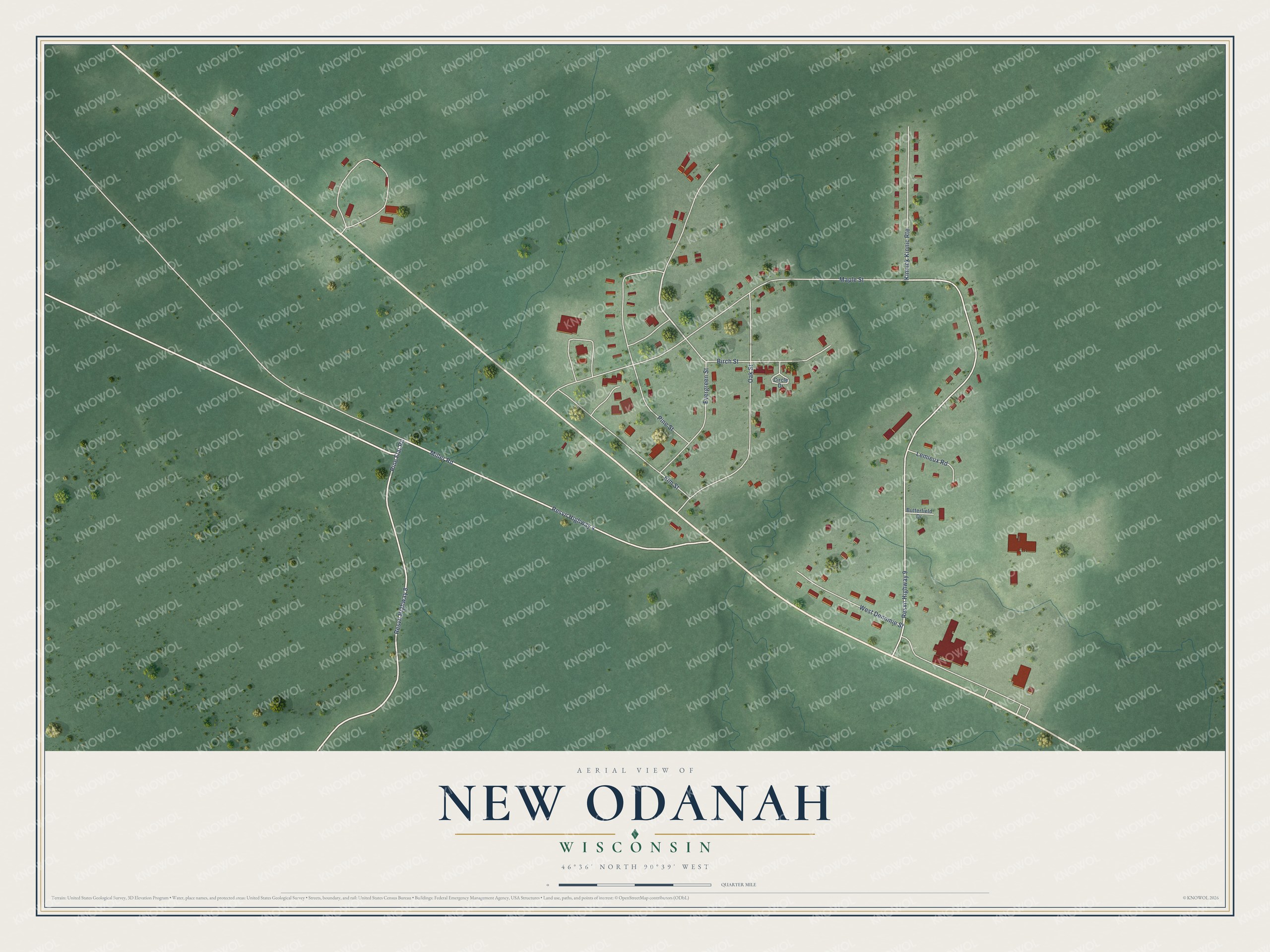 Full map of New Odanah, Wisconsin, with red buildings, printed street names and the land around them