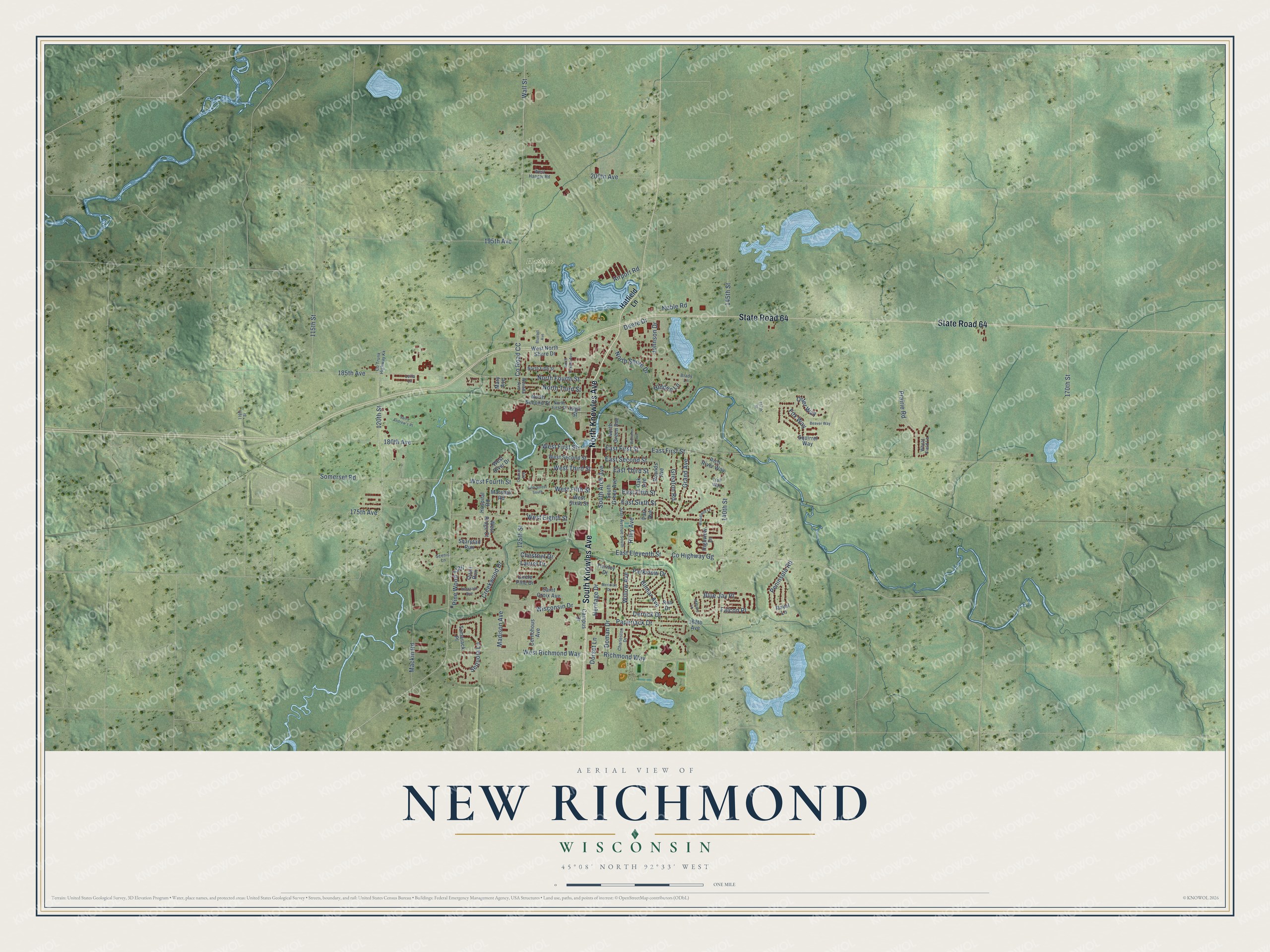 Full map of New Richmond, Wisconsin, with red buildings, printed street names and the land around them