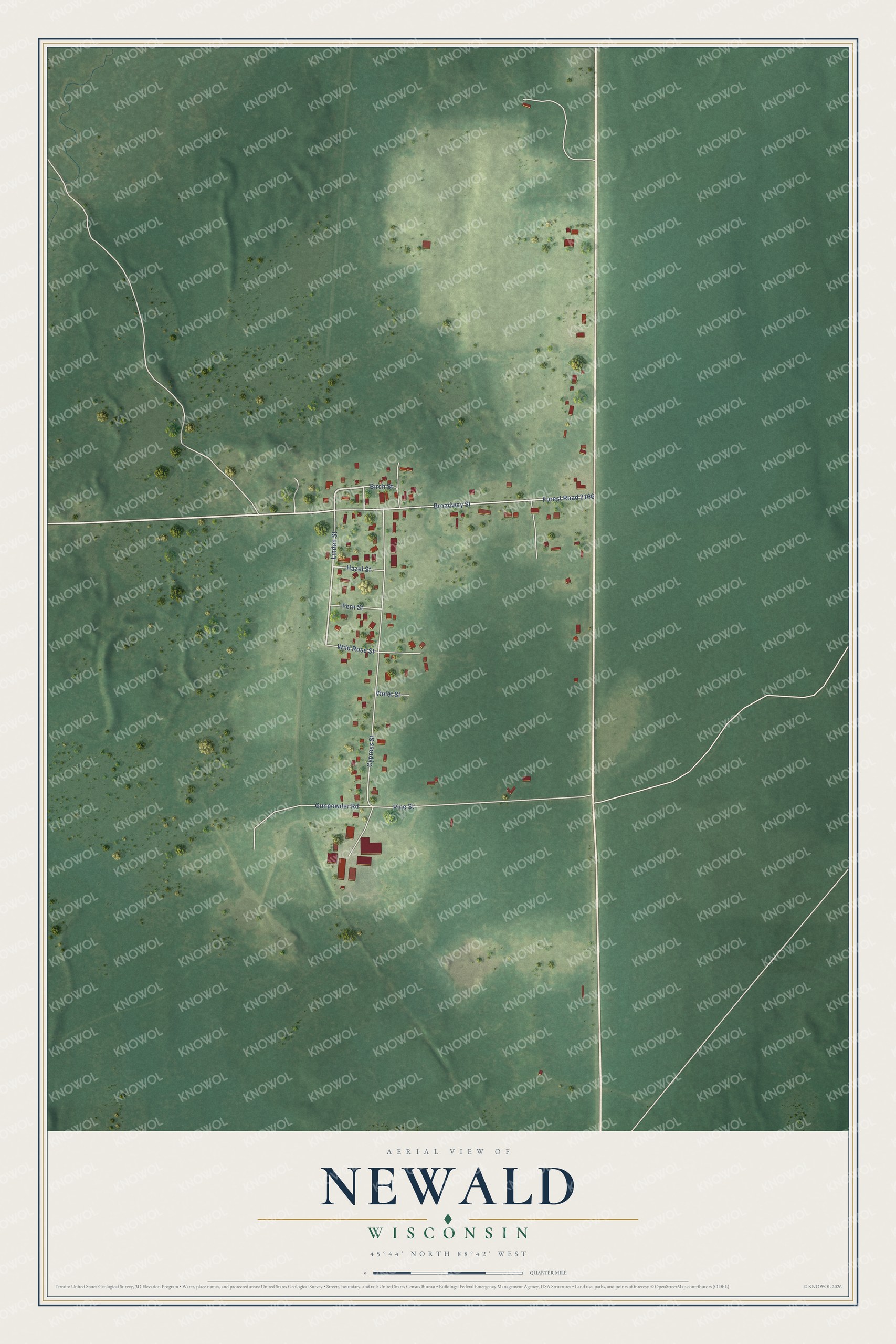 Full map of Newald, Wisconsin, with red buildings, printed street names and the land around them
