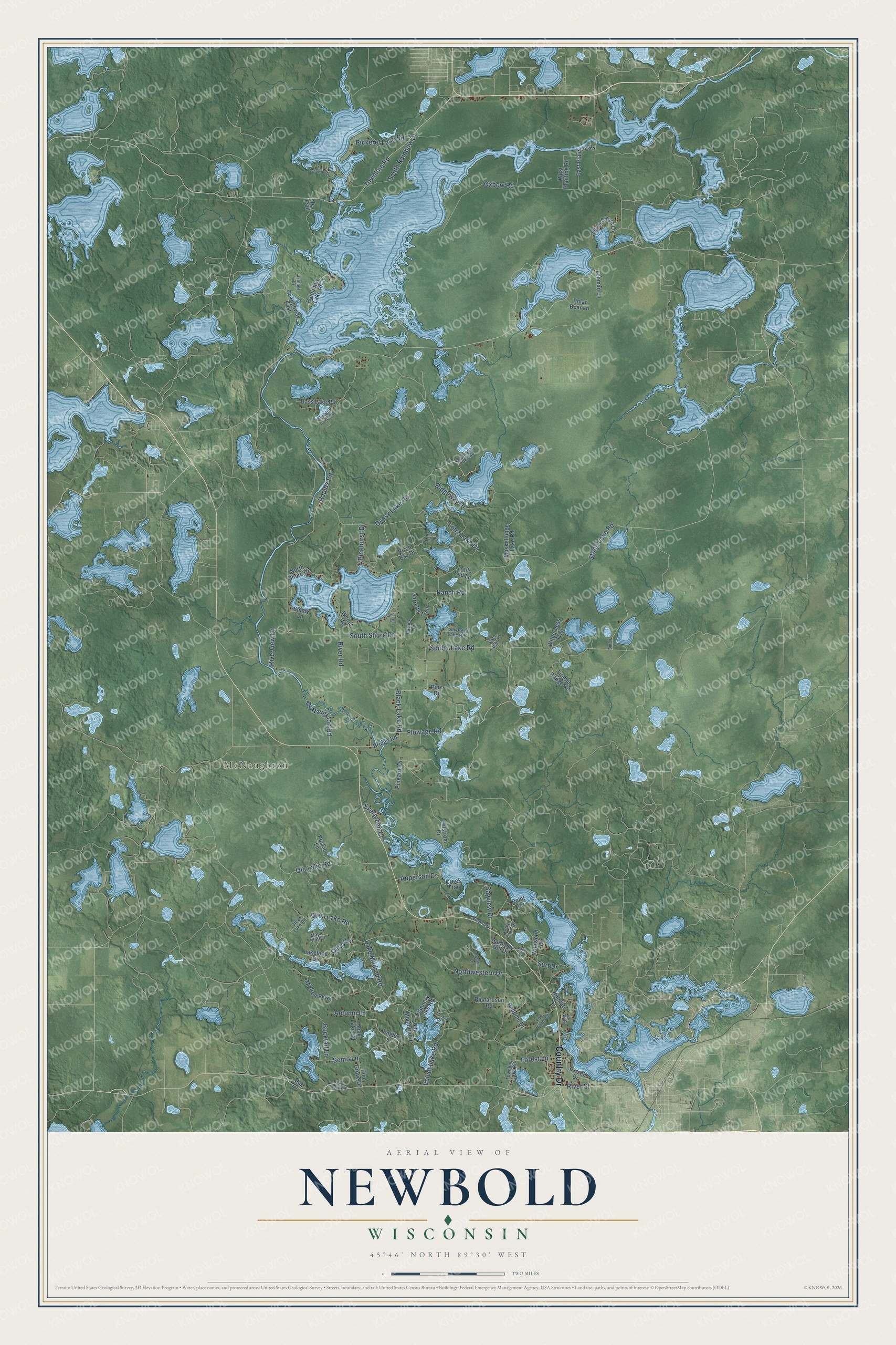 Full map of Newbold, Wisconsin, with red buildings, printed street names and the land around them