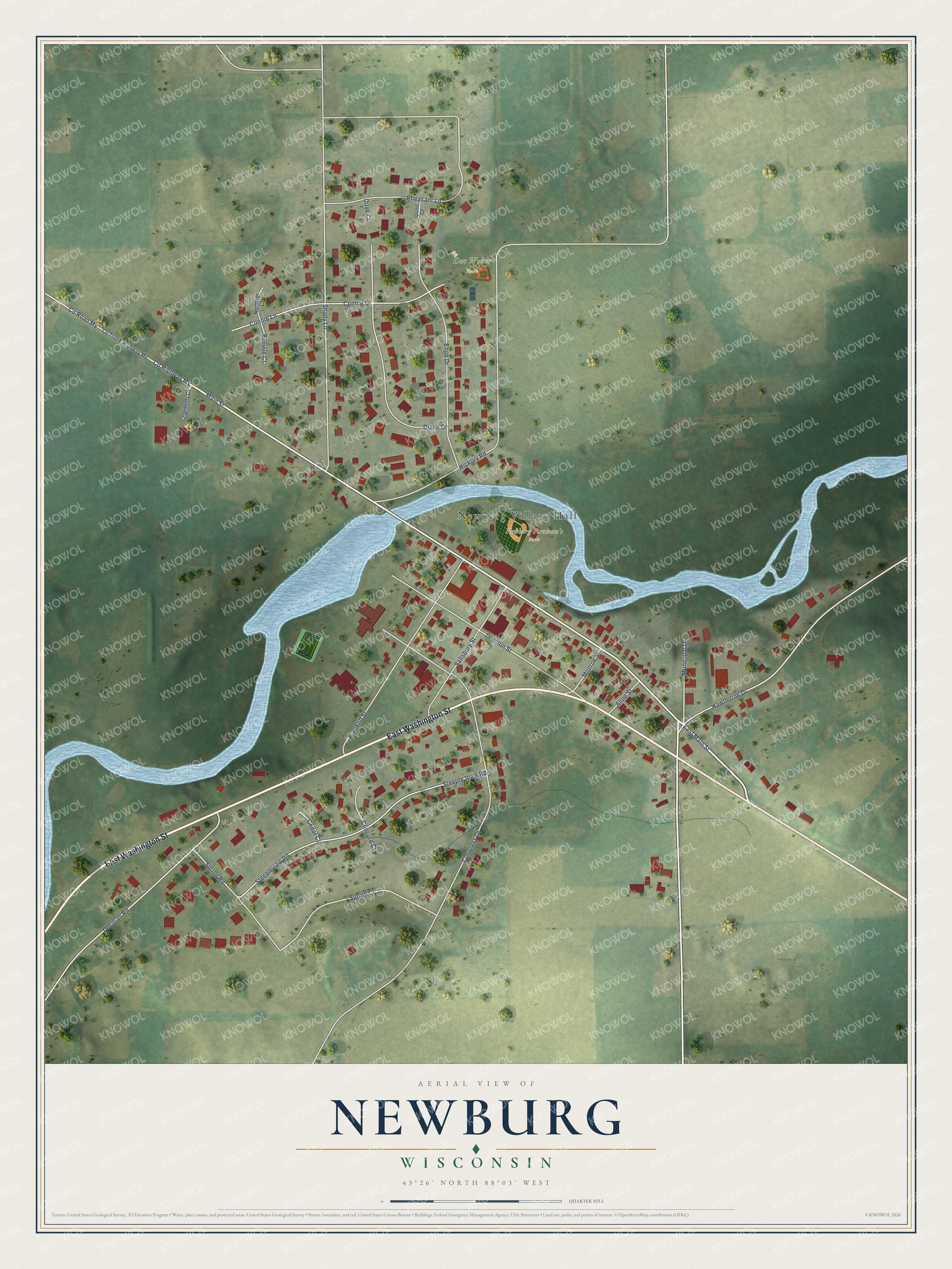 Full map of Newburg, Wisconsin, with red buildings, printed street names and the land around them