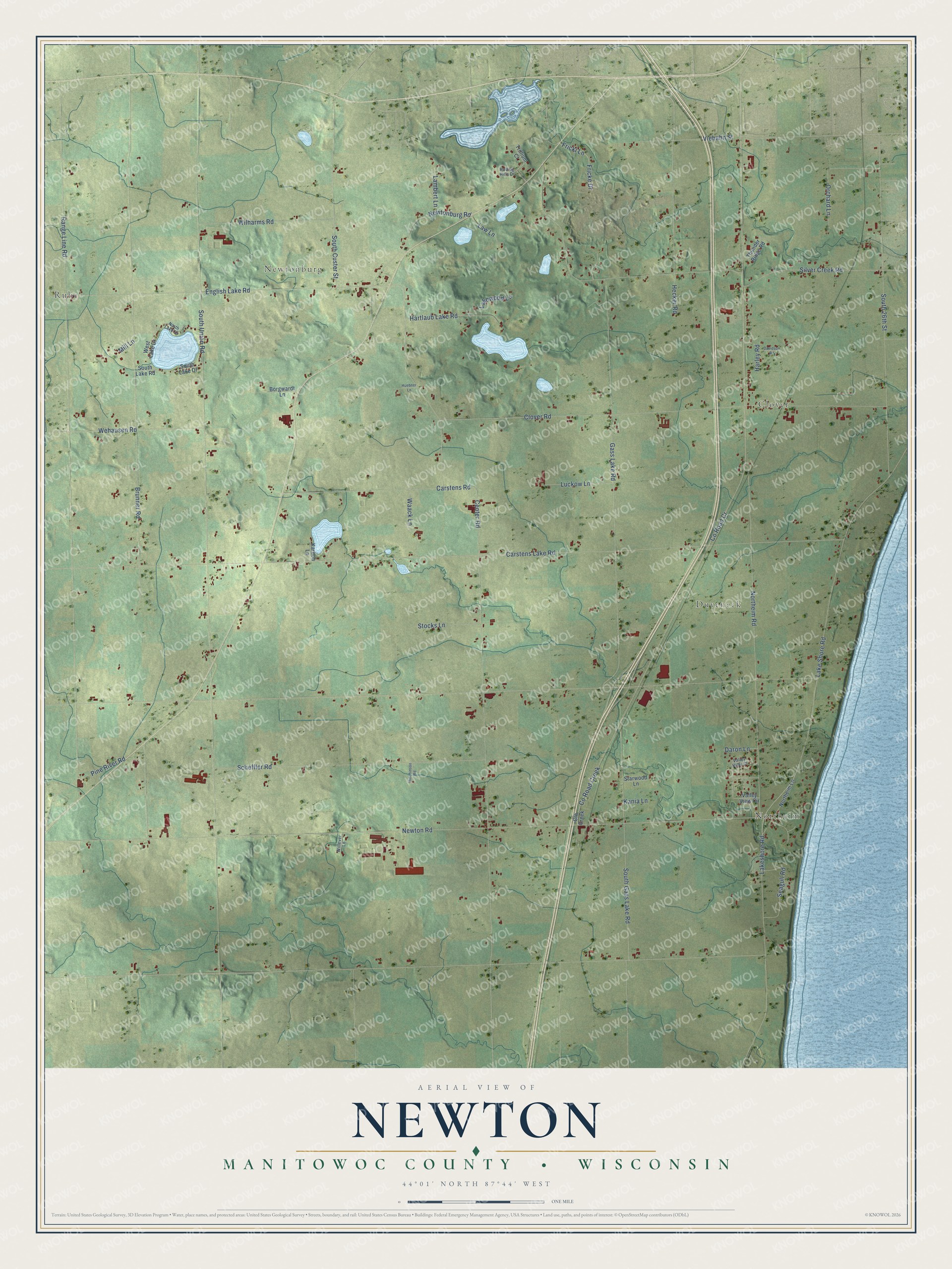 Full map of Newton, Wisconsin, with red buildings, printed street names and the land around them
