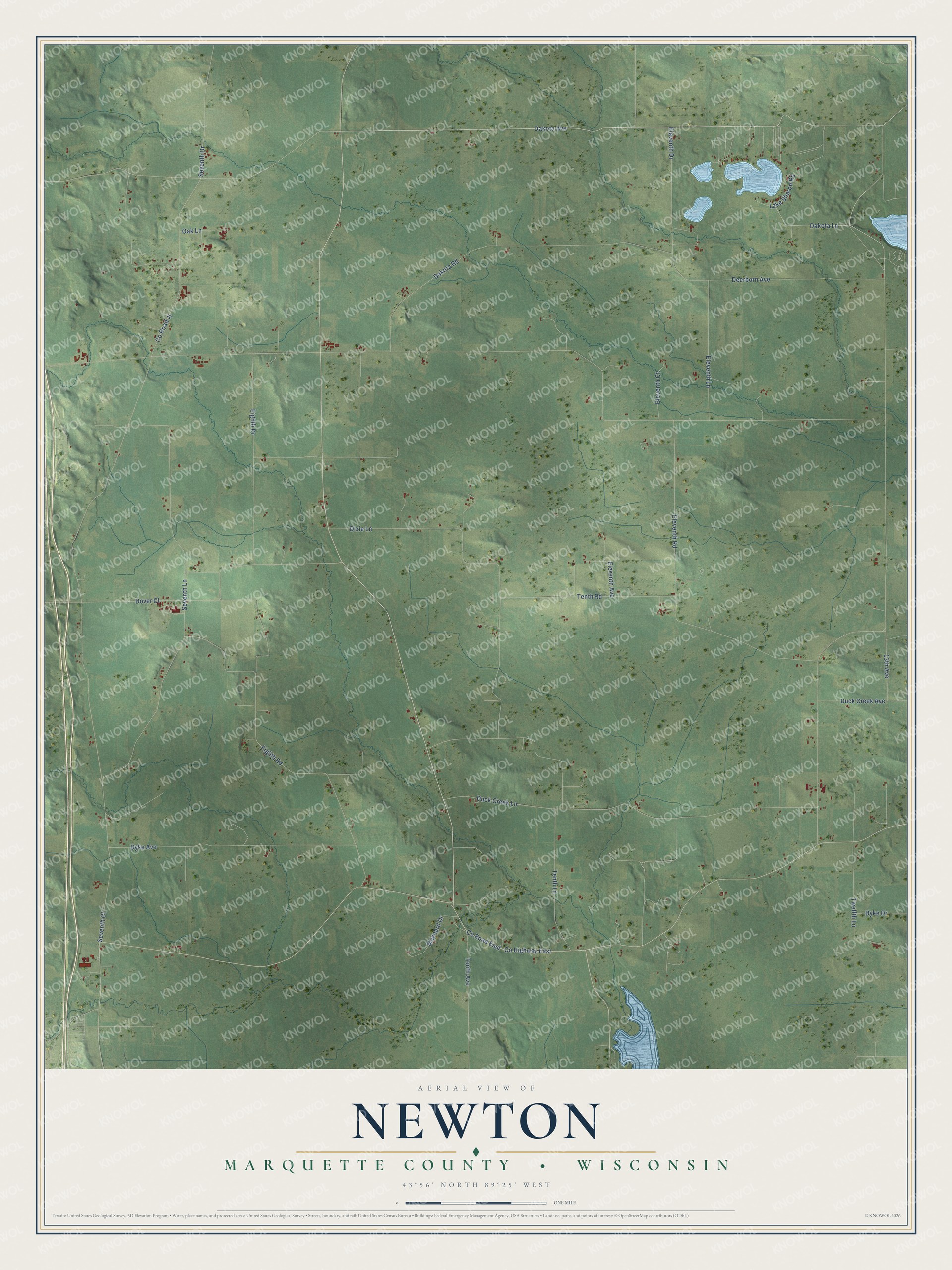 Full map of Newton, Wisconsin, with red buildings, printed street names and the land around them