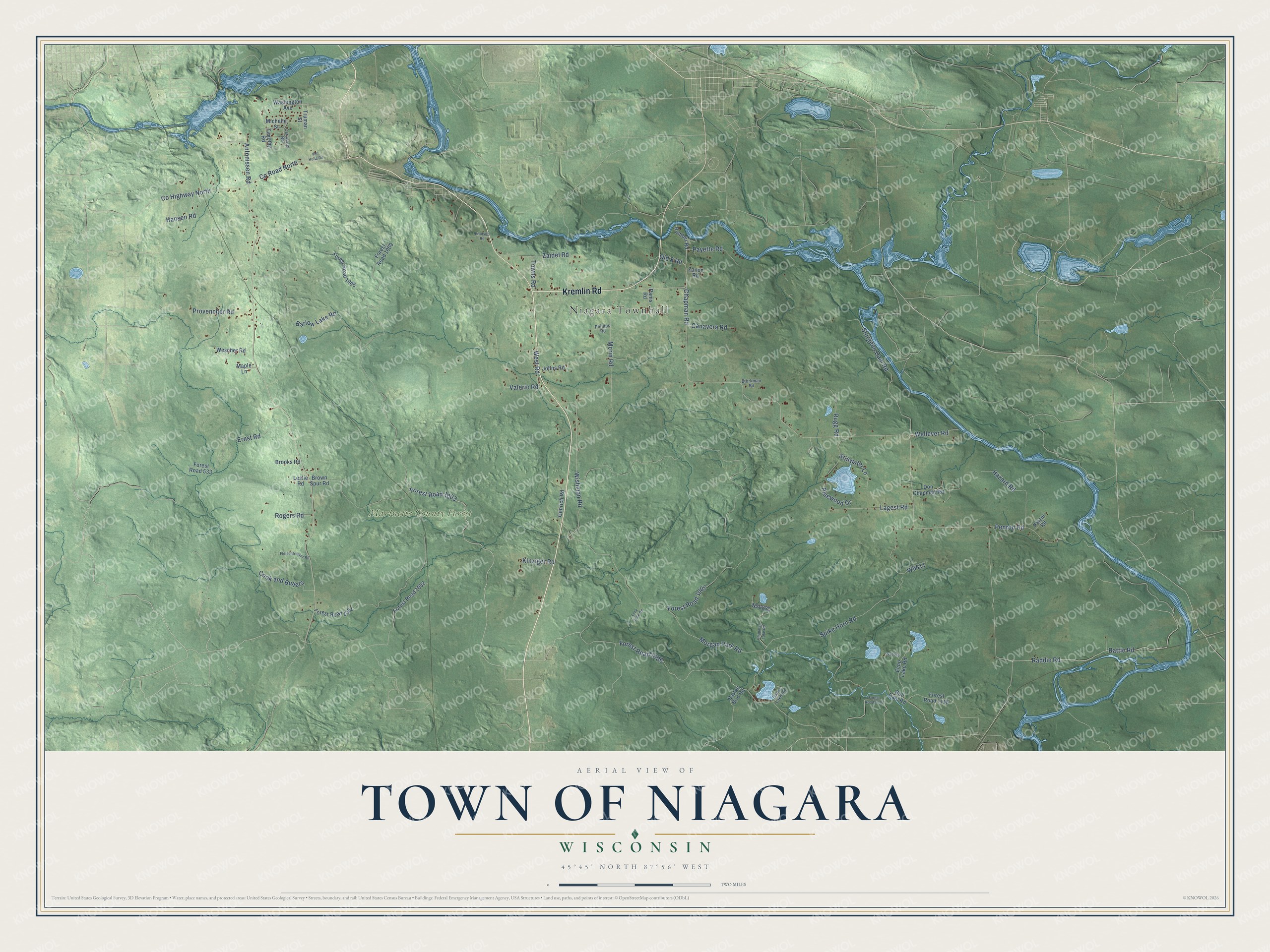 Full map of Niagara, Wisconsin, with red buildings, printed street names and the land around them