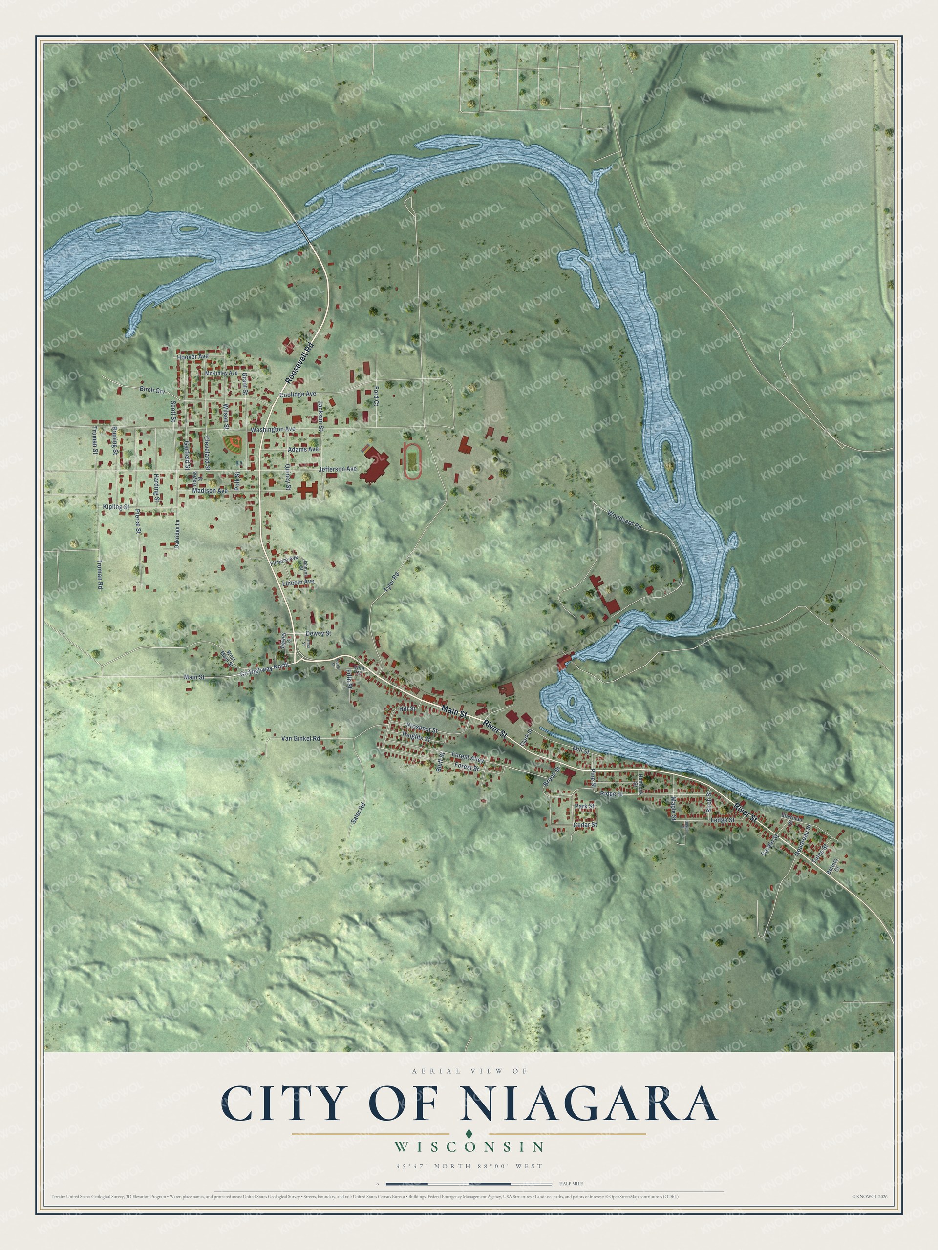 Full map of Niagara, Wisconsin, with red buildings, printed street names and the land around them