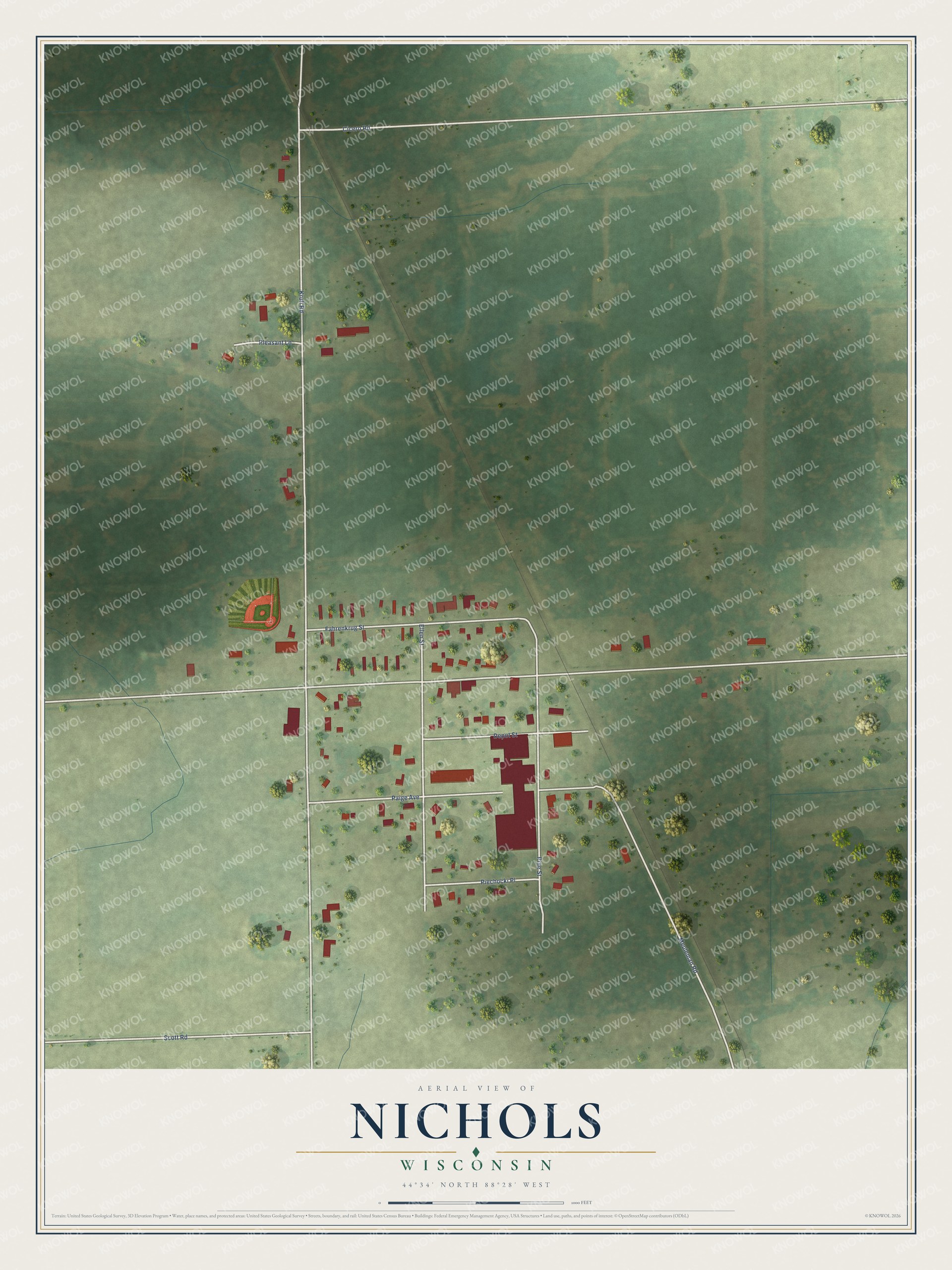 Full map of Nichols, Wisconsin, with red buildings, printed street names and the land around them