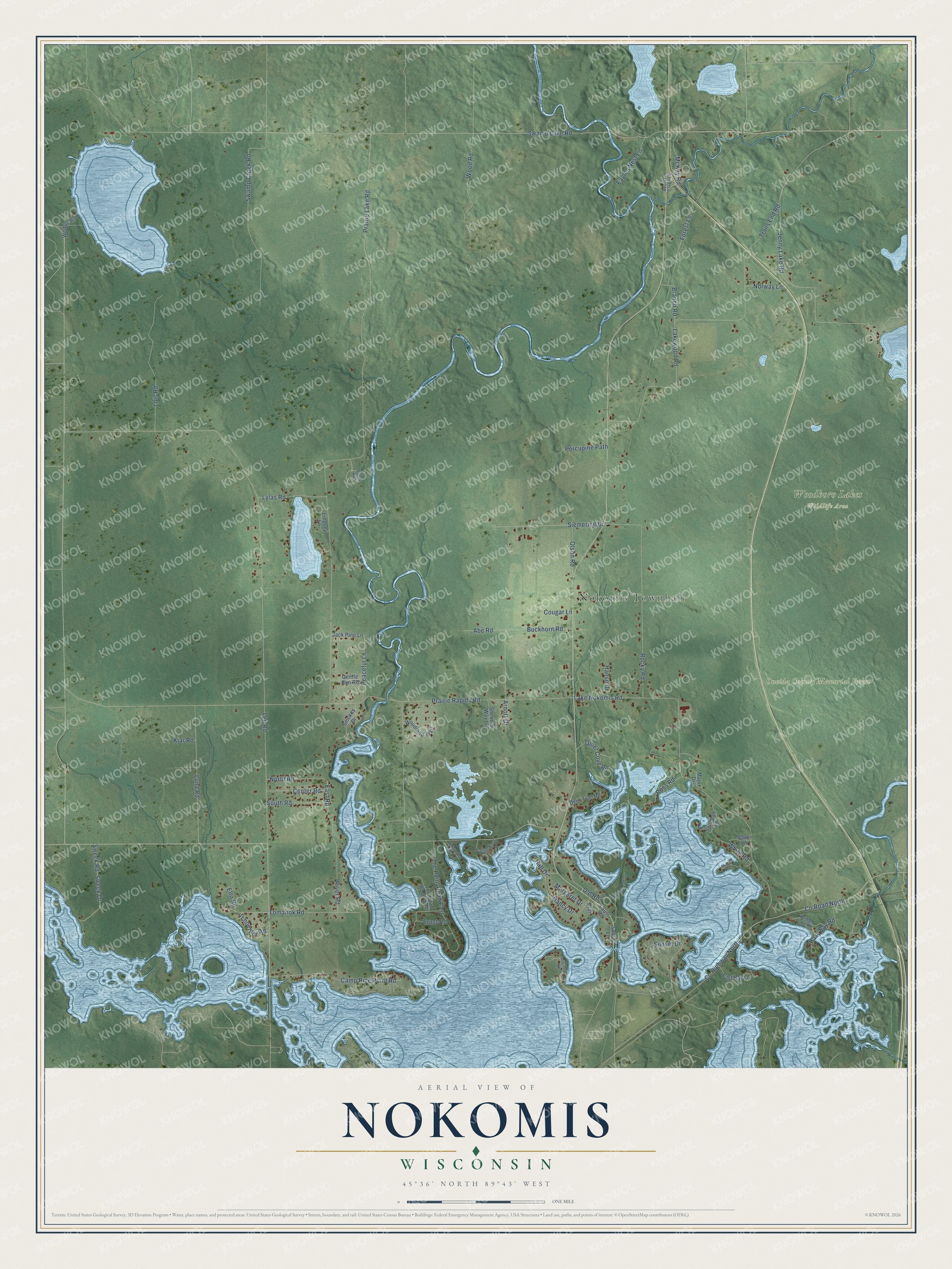 Full map of Nokomis, Wisconsin, with red buildings, printed street names and the land around them