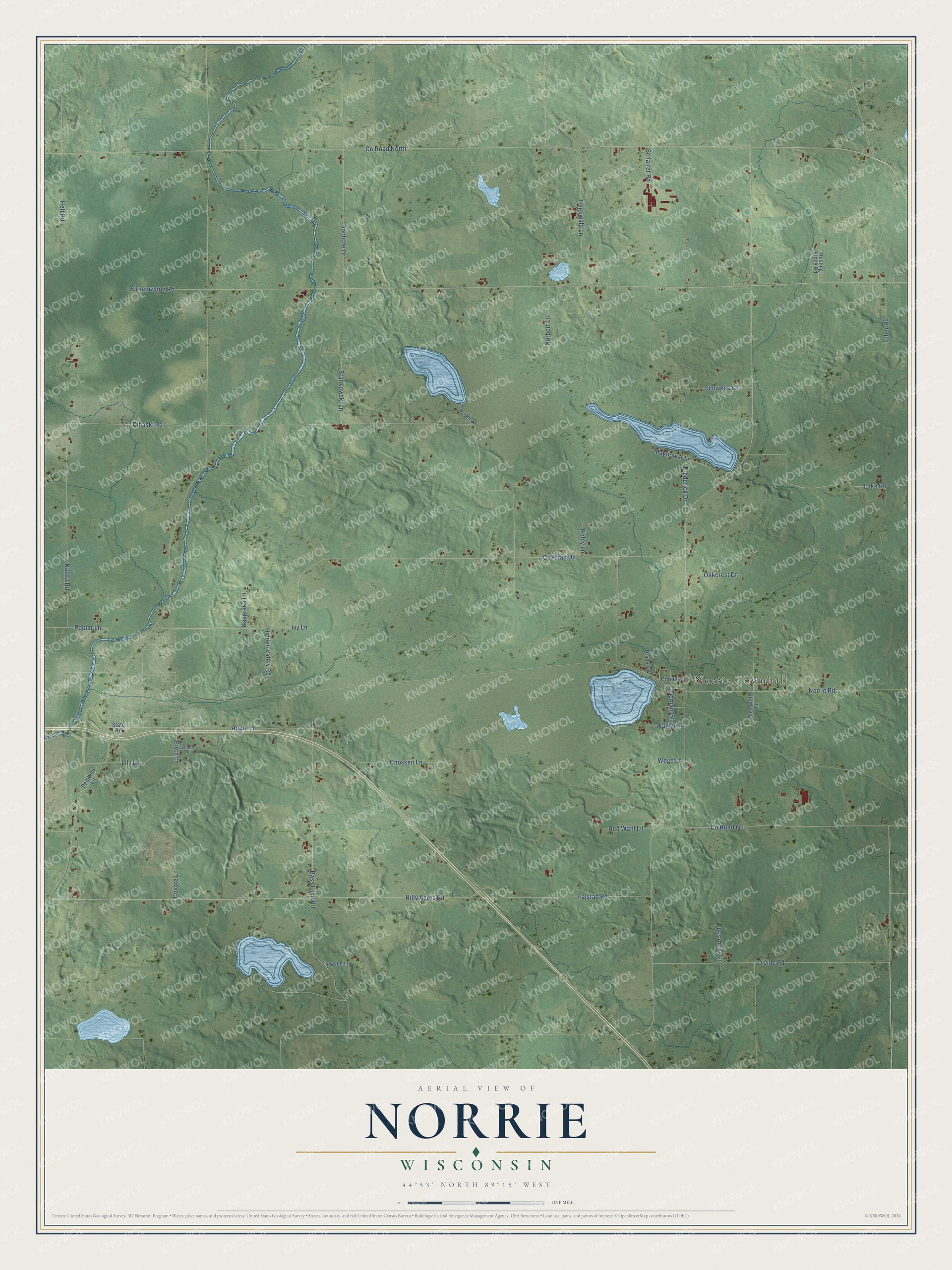 Full map of Norrie, Wisconsin, with red buildings, printed street names and the land around them