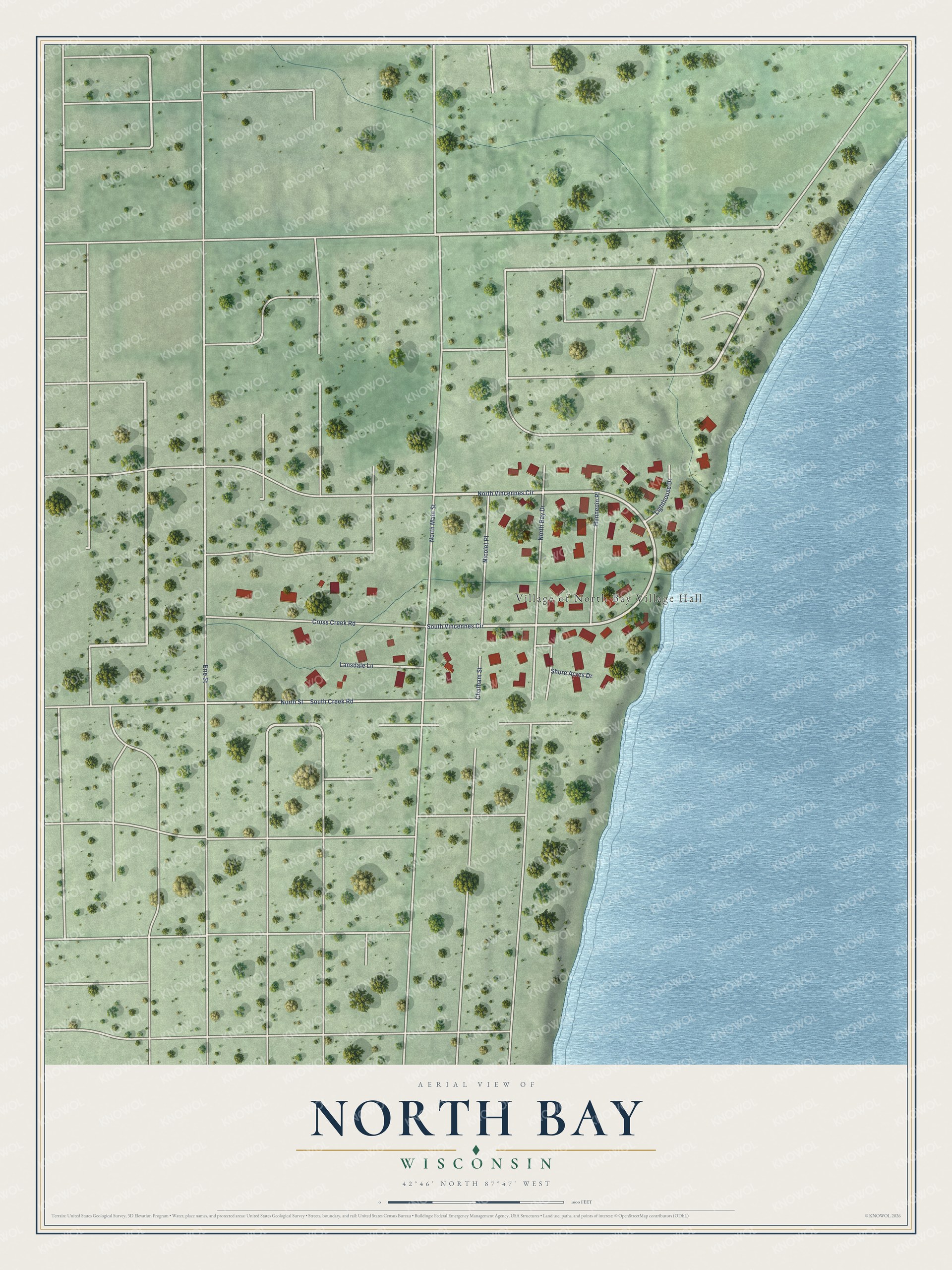 Full map of North Bay, Wisconsin, with red buildings, printed street names and the land around them