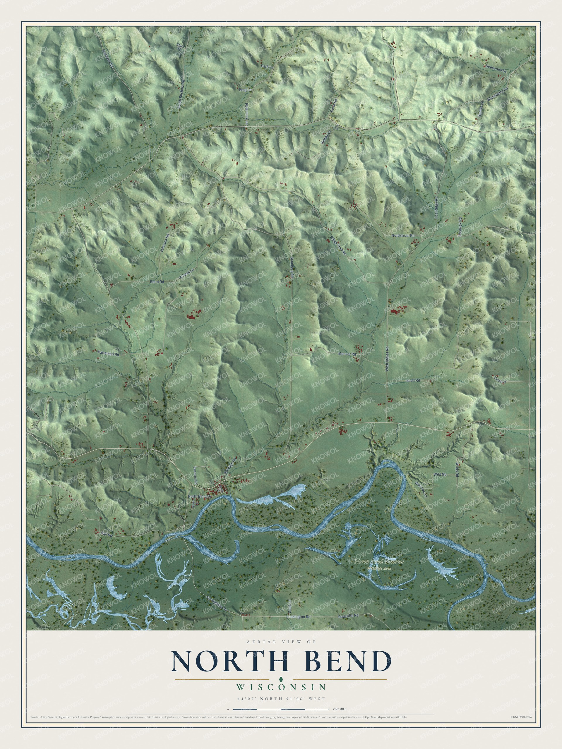 Full map of North Bend, Wisconsin, with red buildings, printed street names and the land around them