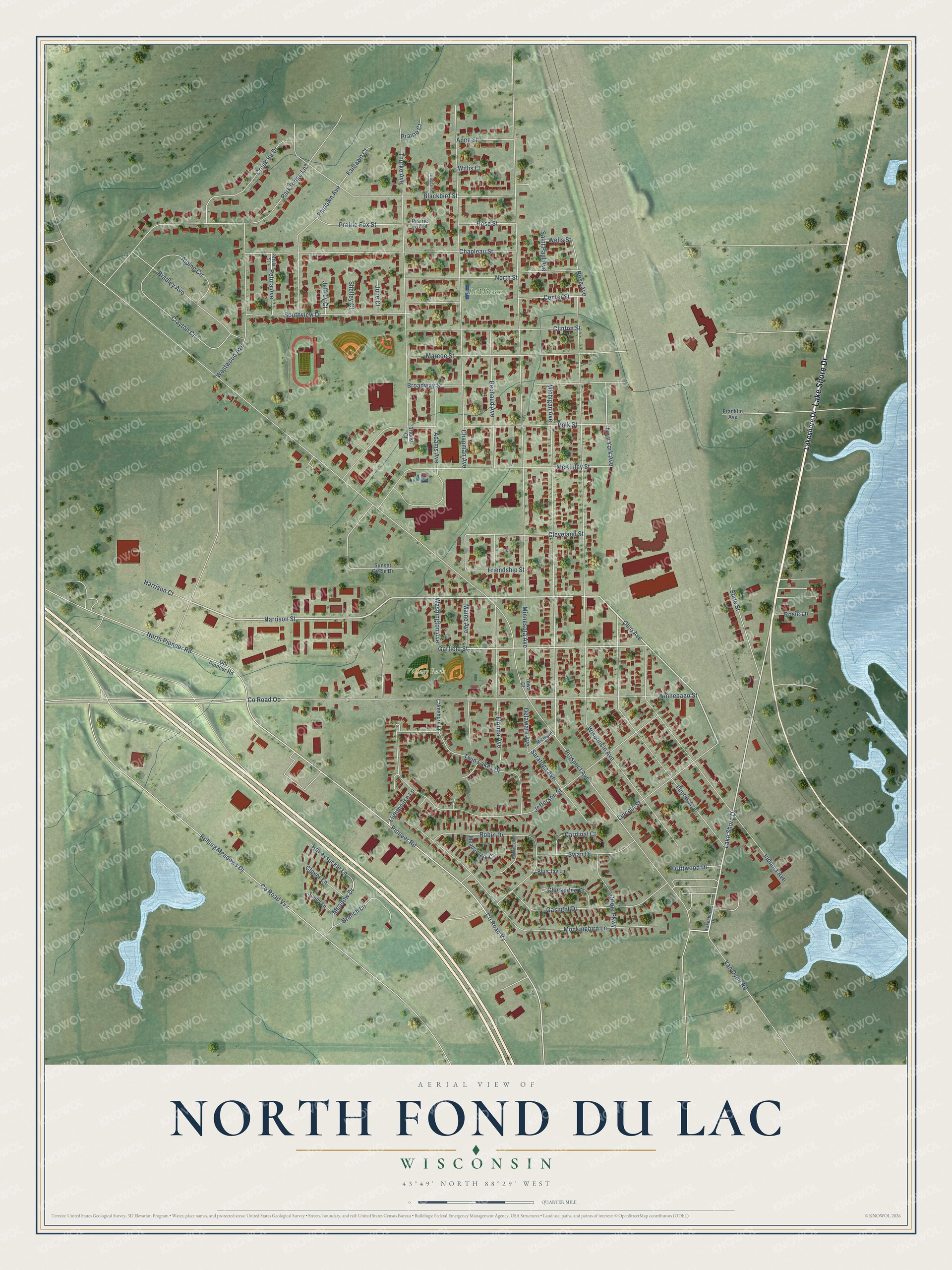 Full map of North Fond du Lac, Wisconsin, with red buildings, printed street names and the land around them