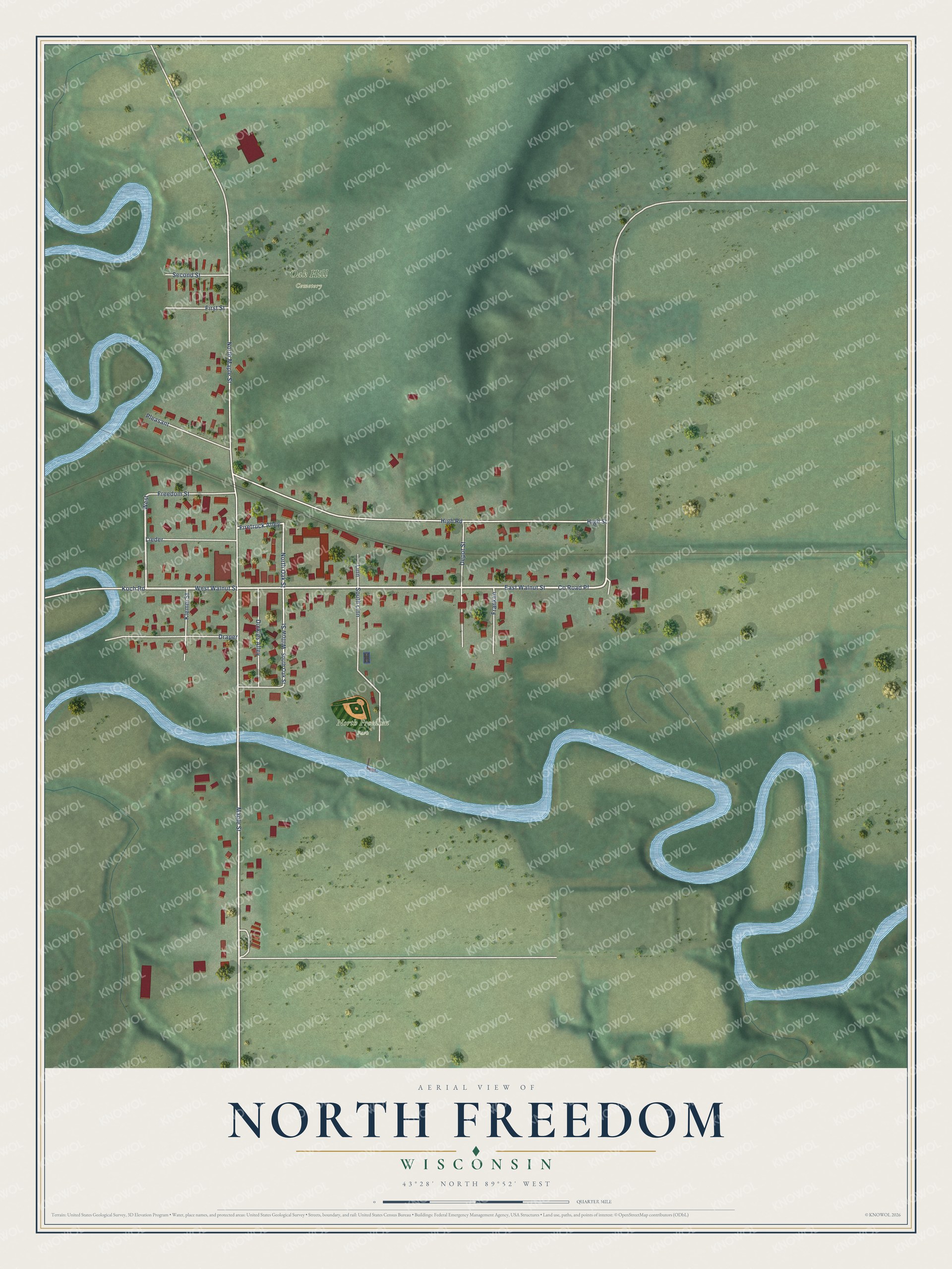 Full map of North Freedom, Wisconsin, with red buildings, printed street names and the land around them