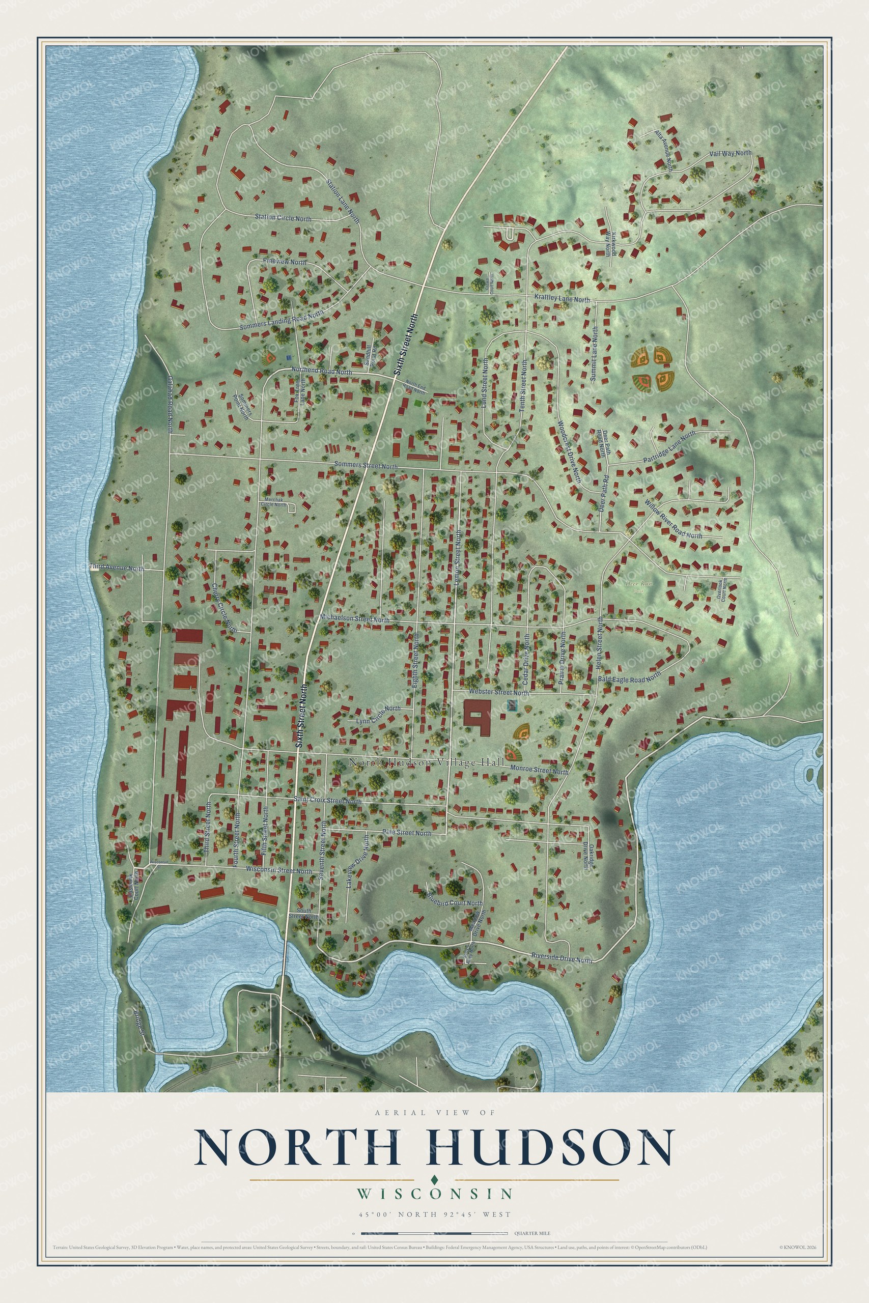 Full map of North Hudson, Wisconsin, with red buildings, printed street names and the land around them
