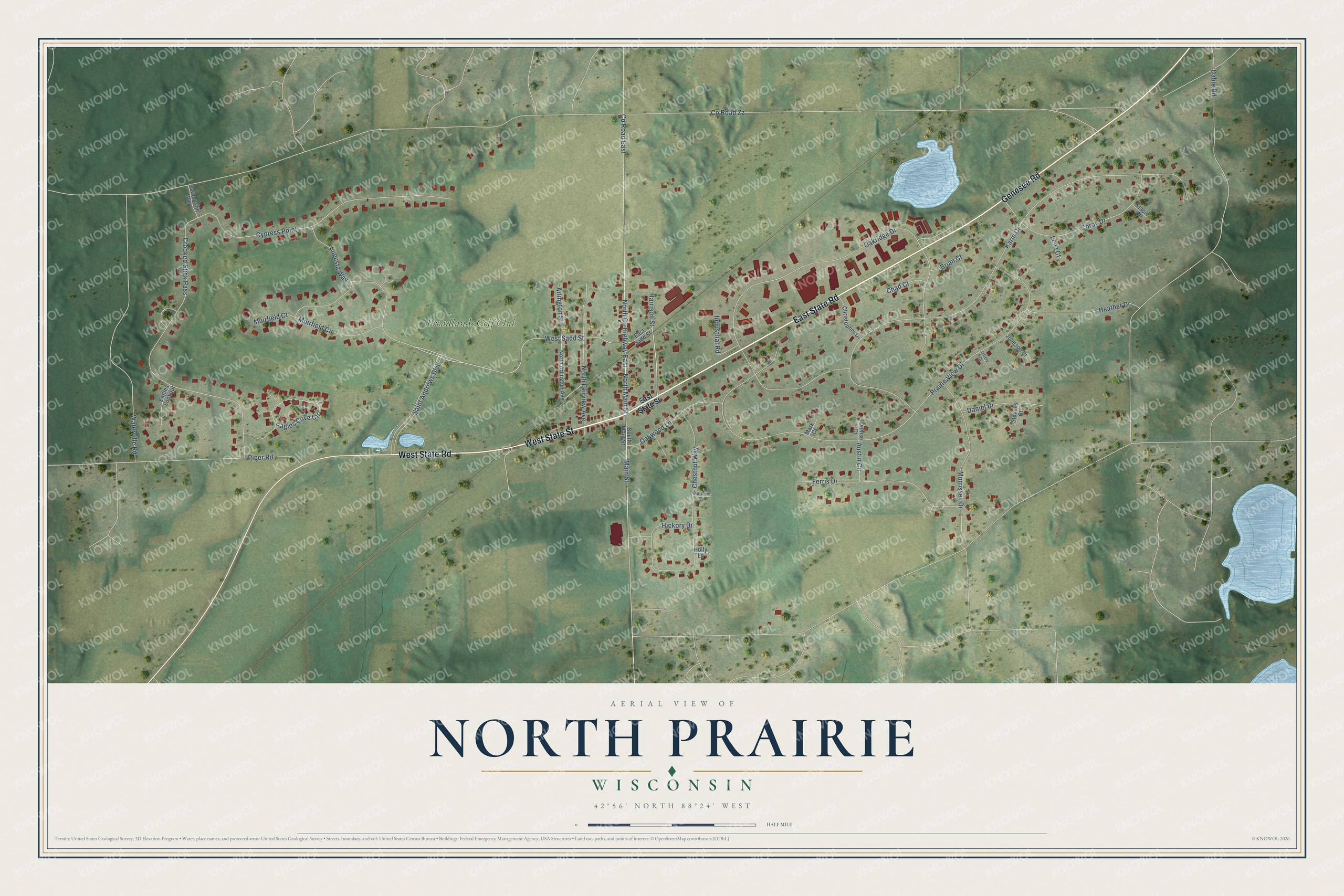 Full map of North Prairie, Wisconsin, with red buildings, printed street names and the land around them