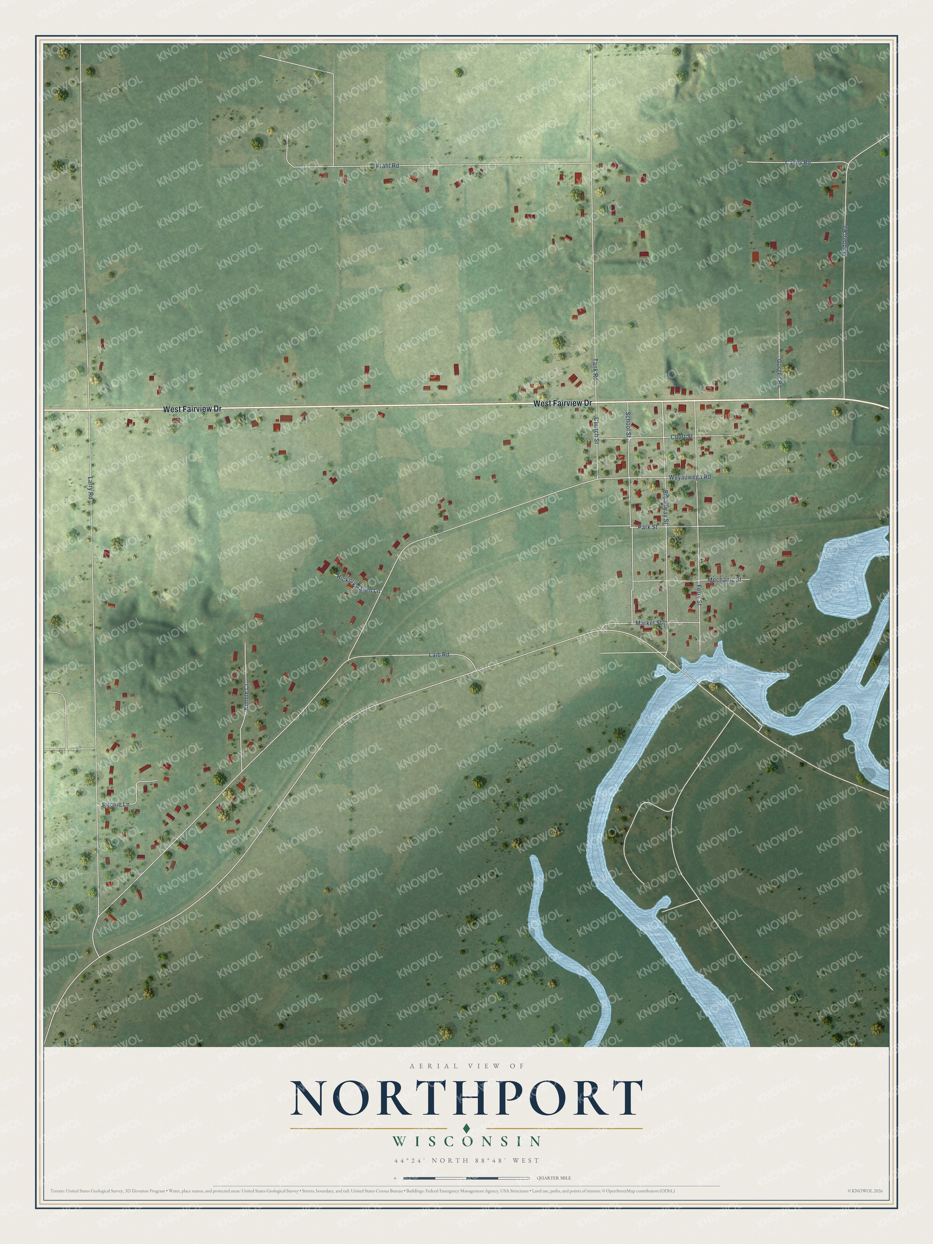 Full map of Northport, Wisconsin, with red buildings, printed street names and the land around them
