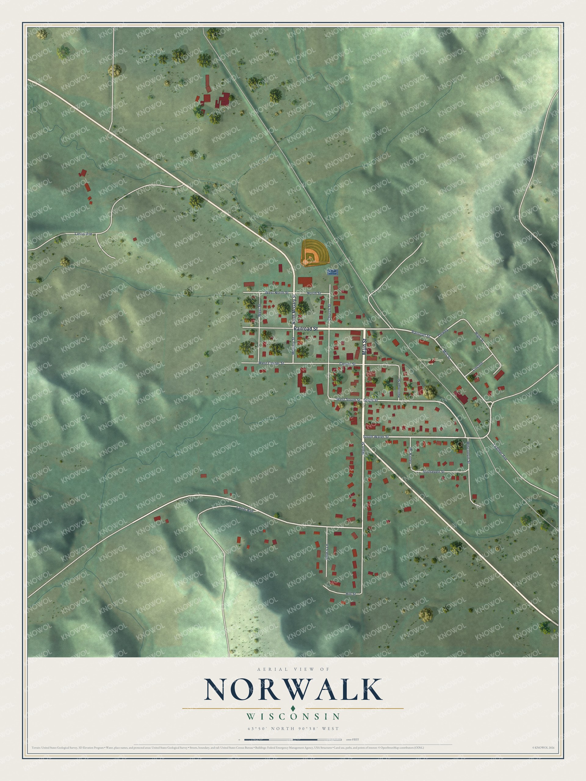 Full map of Norwalk, Wisconsin, with red buildings, printed street names and the land around them