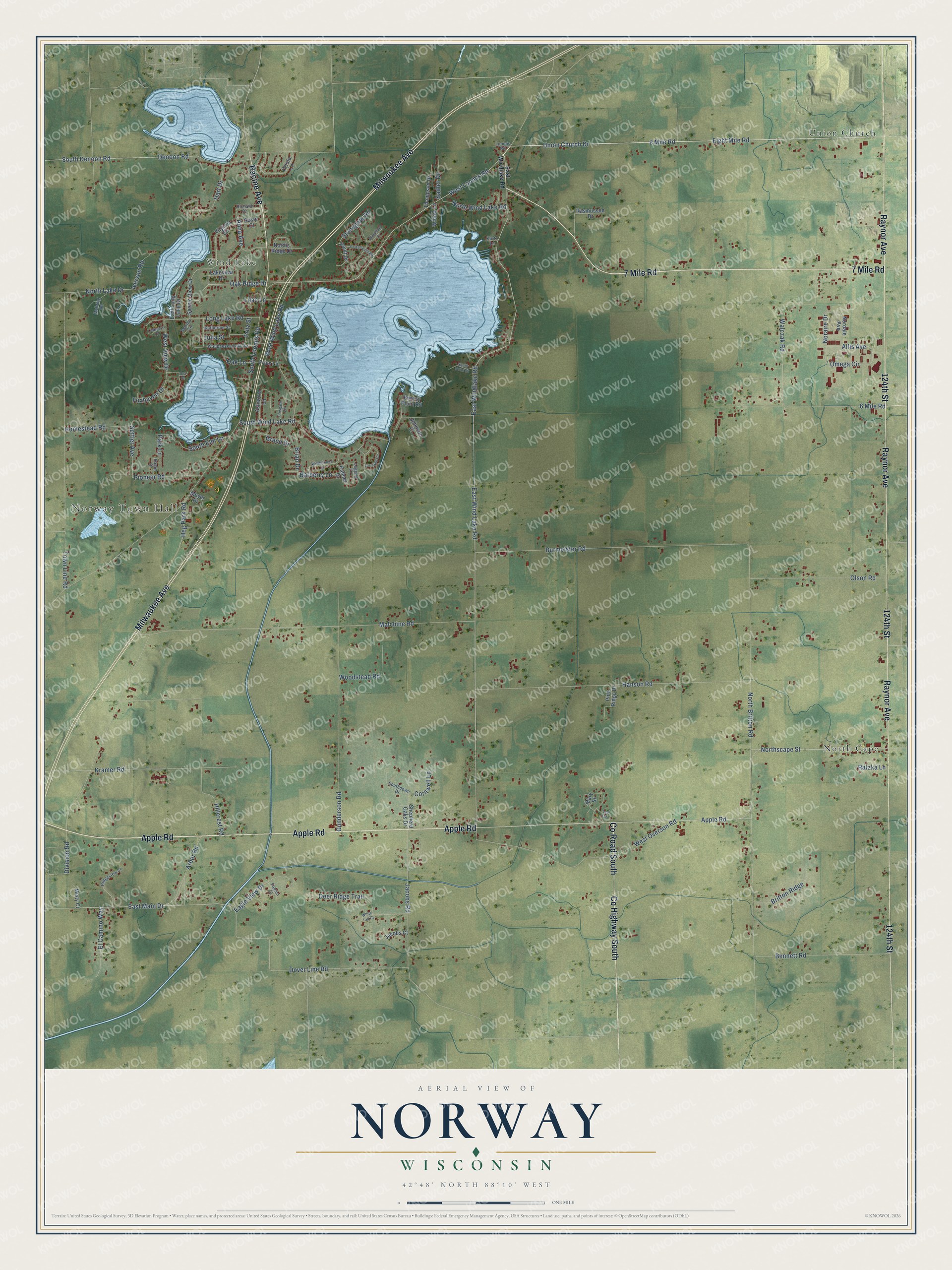 Full map of Norway, Wisconsin, with red buildings, printed street names and the land around them