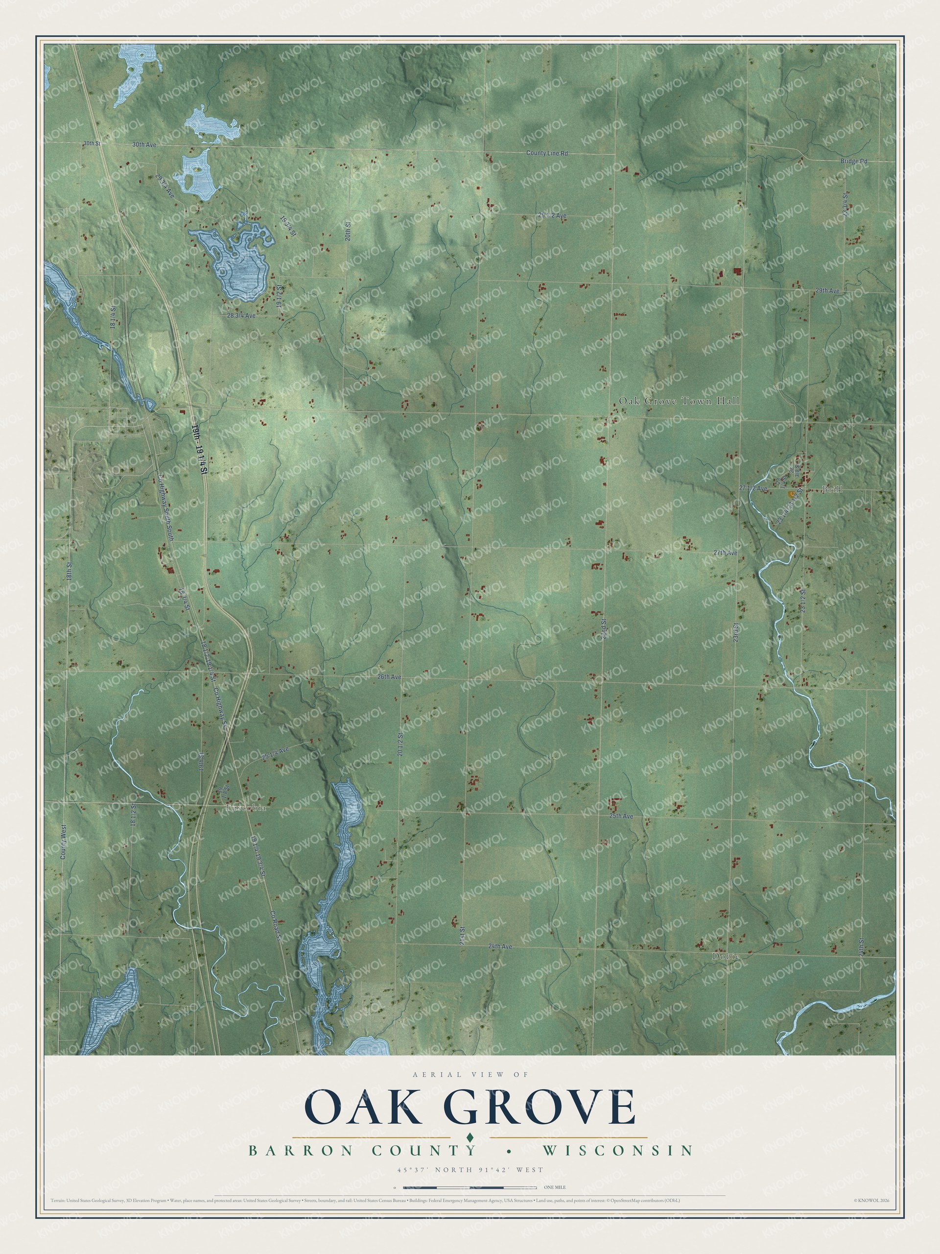 Full map of Oak Grove, Wisconsin, with red buildings, printed street names and the land around them