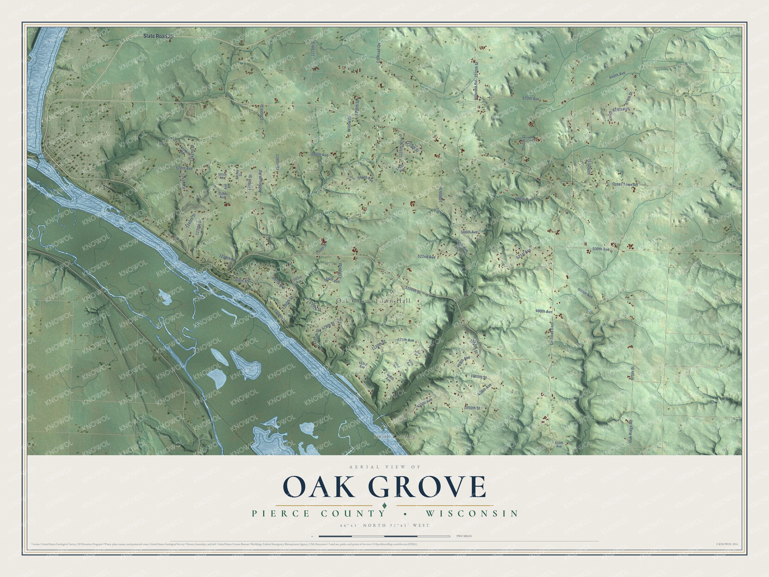 Full map of Oak Grove, Wisconsin, with red buildings, printed street names and the land around them