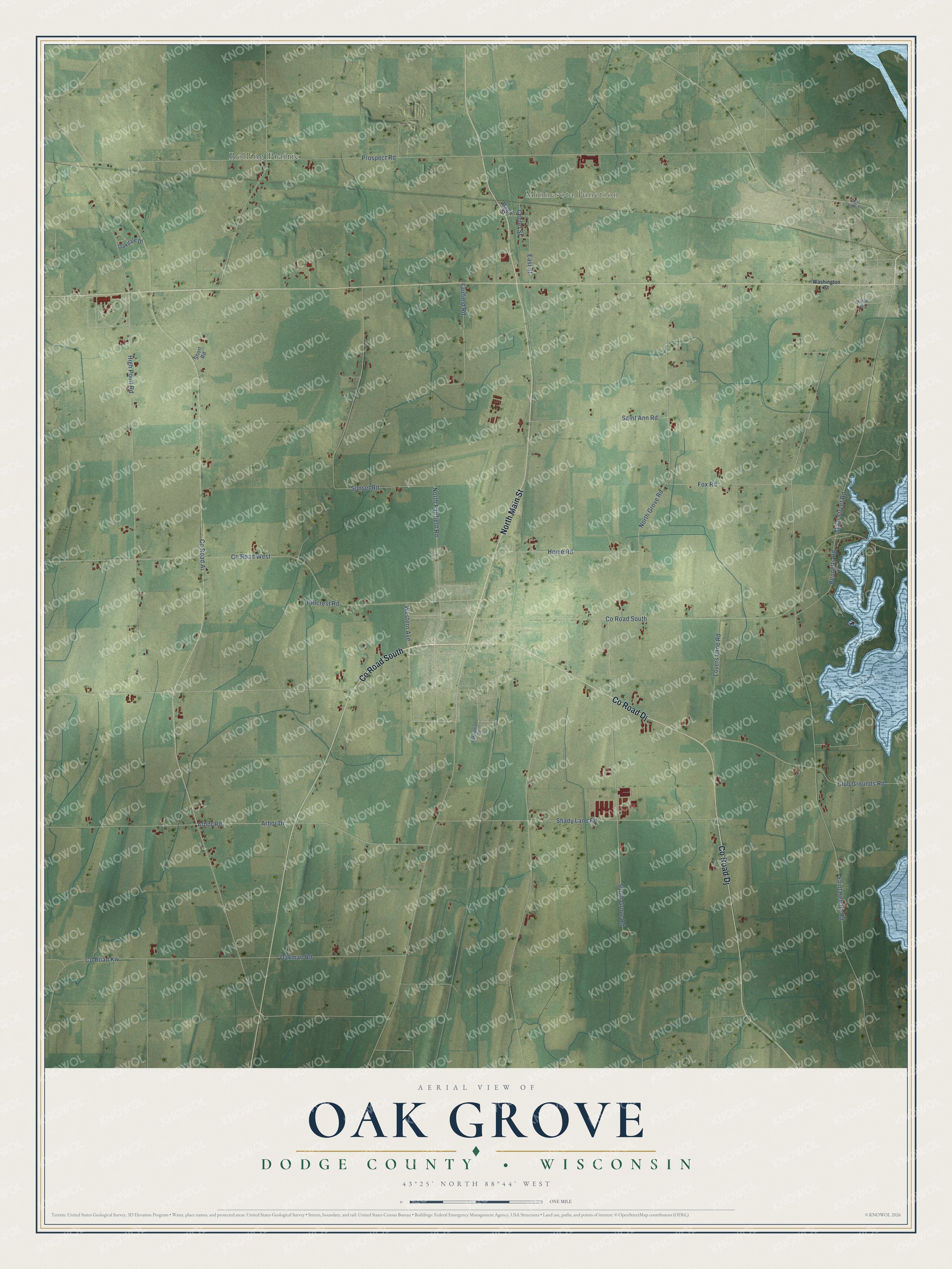 Full map of Oak Grove, Wisconsin, with red buildings, printed street names and the land around them