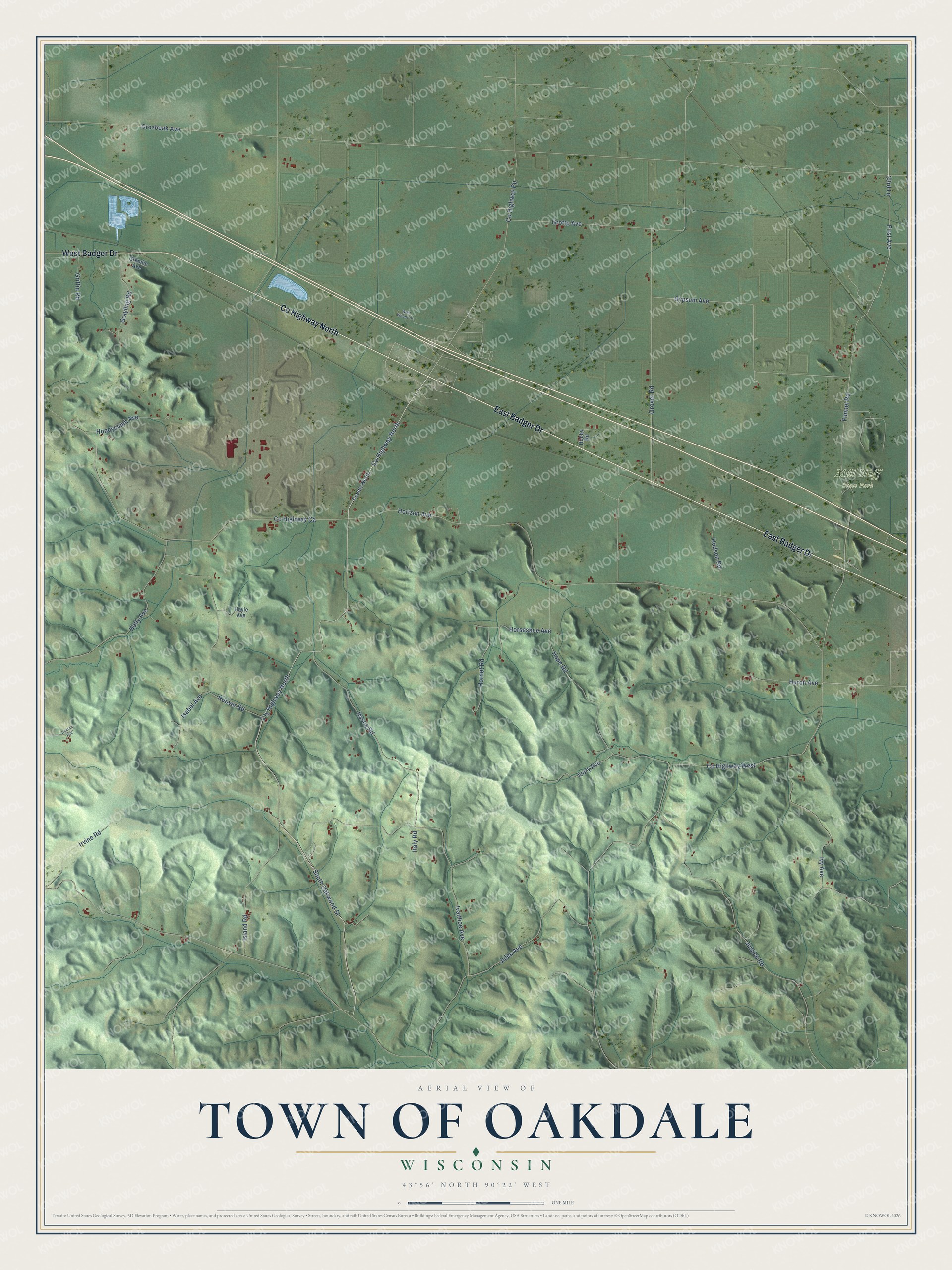 Full map of Oakdale, Wisconsin, with red buildings, printed street names and the land around them
