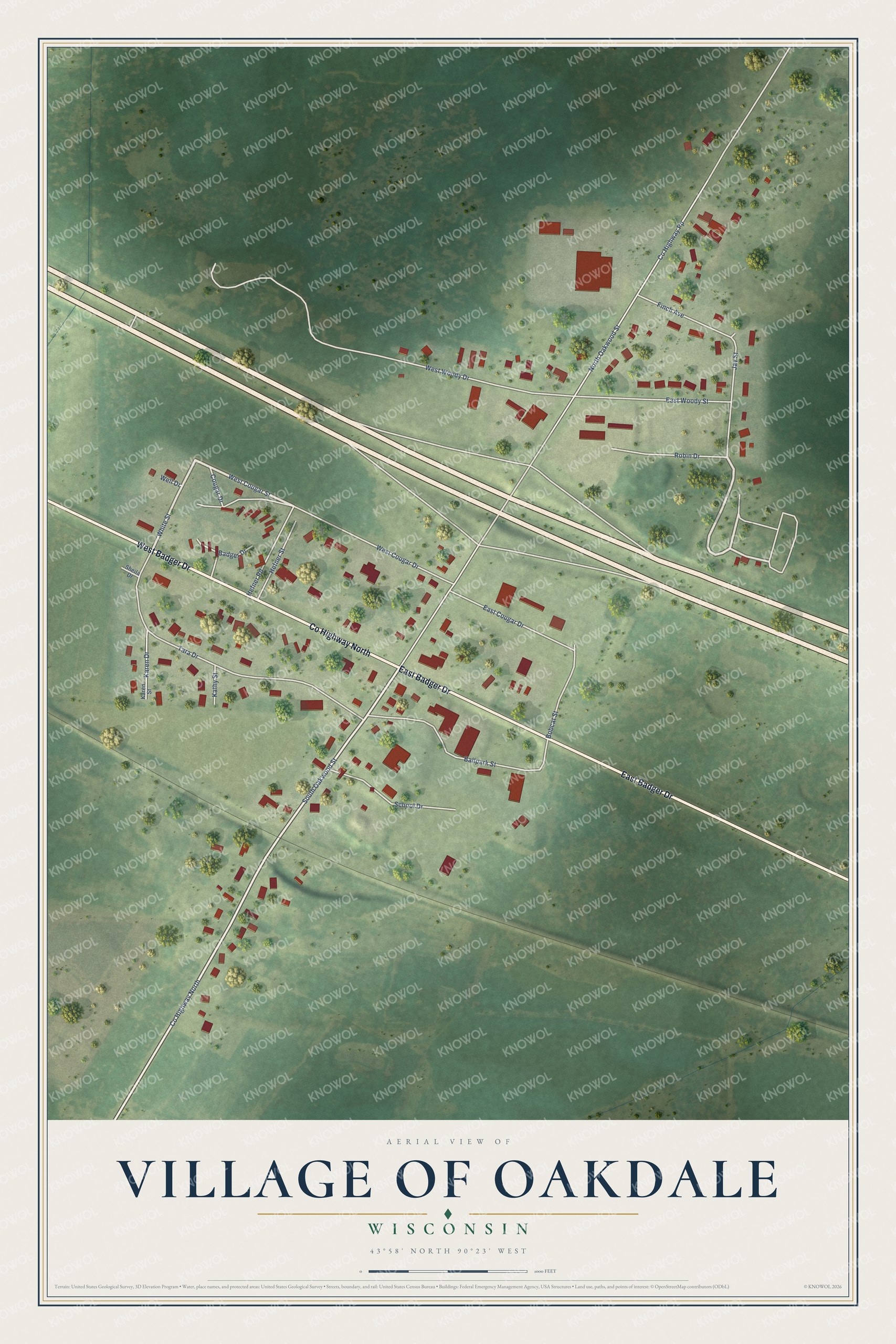 Full map of Oakdale, Wisconsin, with red buildings, printed street names and the land around them