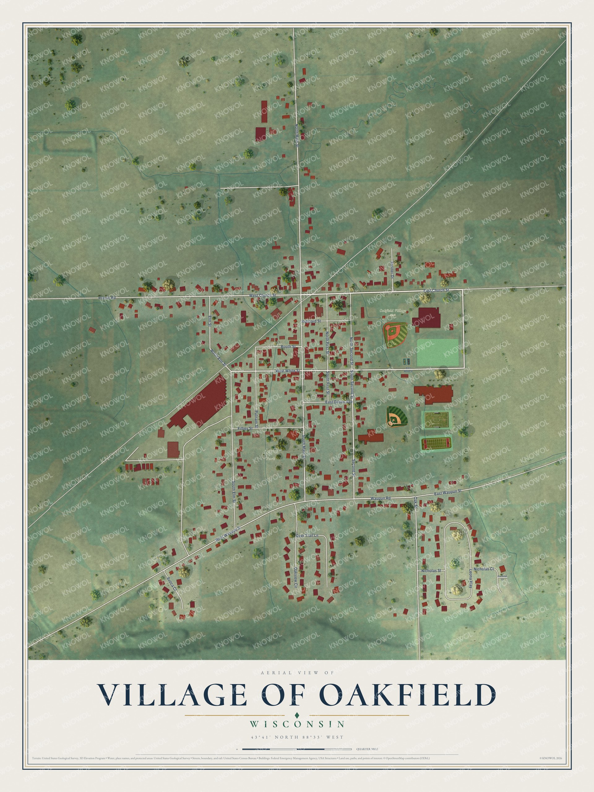 Full map of Oakfield, Wisconsin, with red buildings, printed street names and the land around them